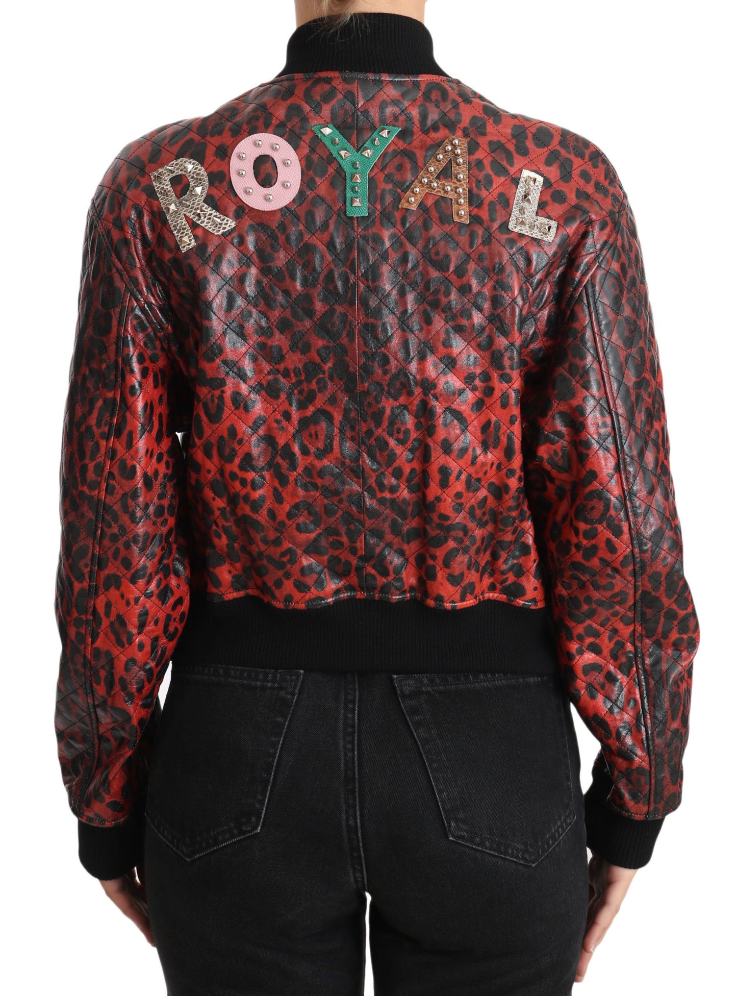 Dolce & Gabbana Blouson Bomber en Cuir Rouge Léopard avec Boutons en Cristal