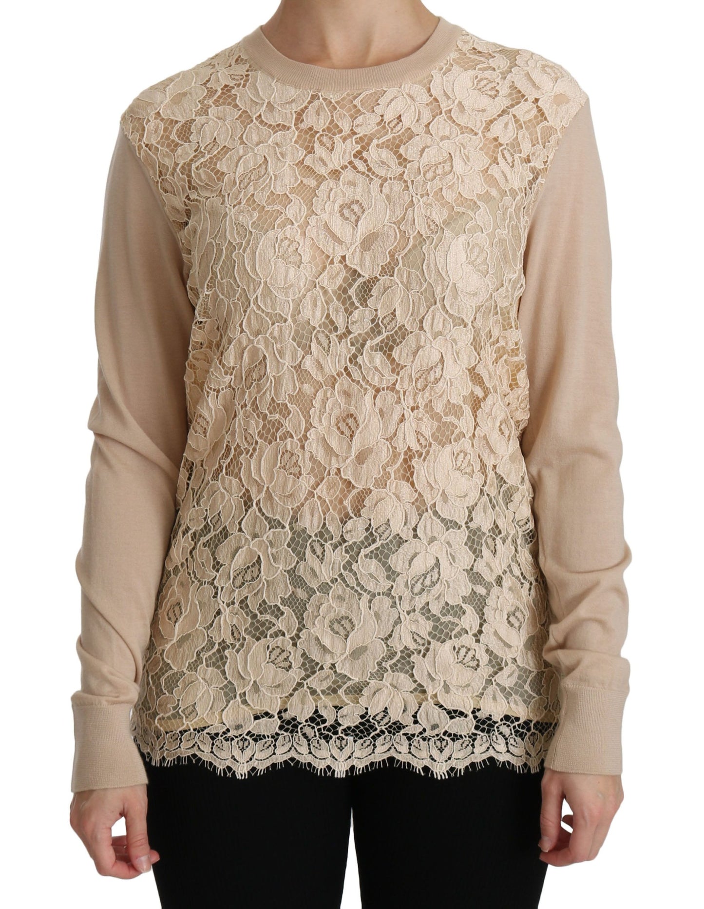 Dolce & Gabbana Élégant chemisier en cachemire à col ras du cou en dentelle beige