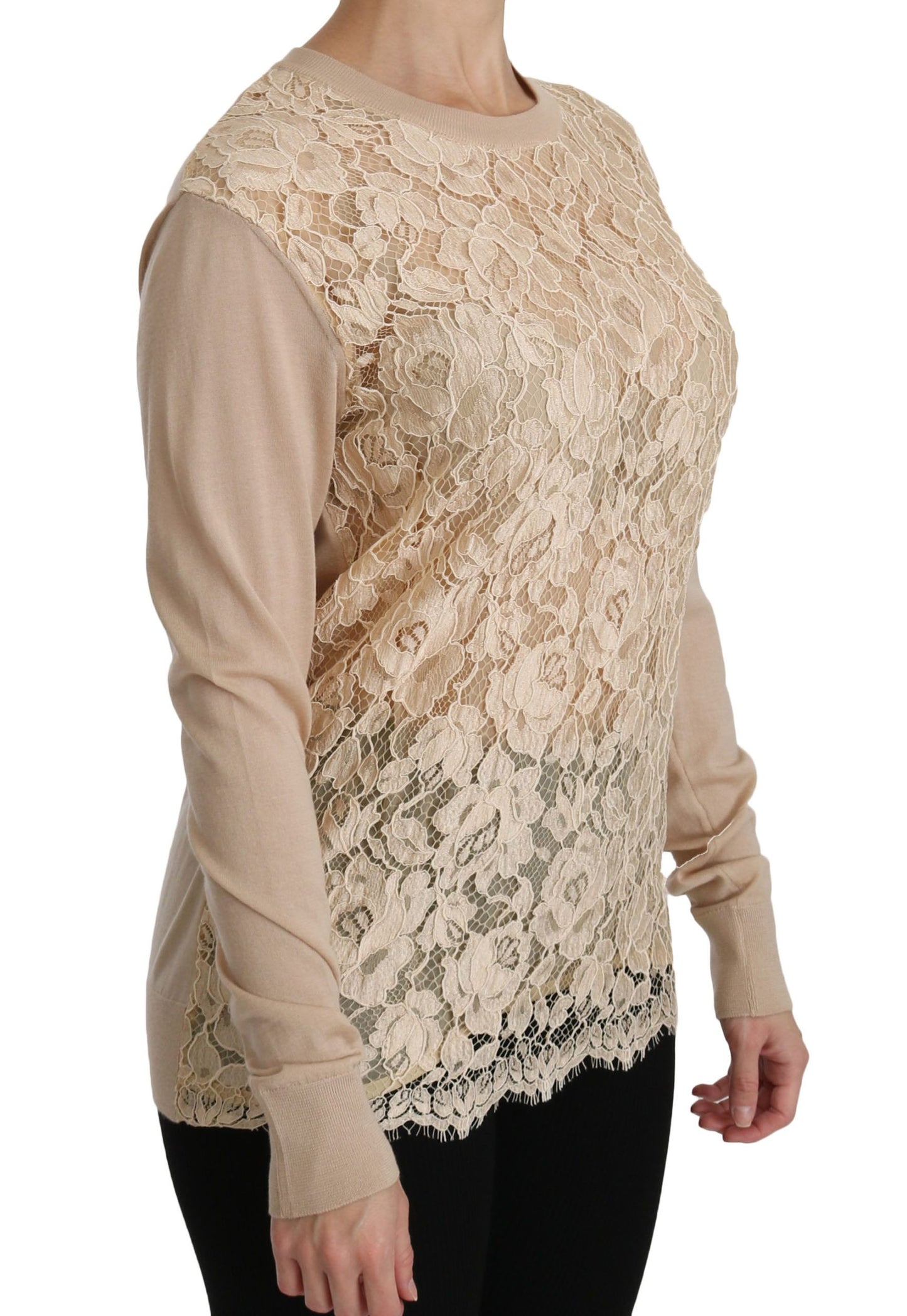 Dolce & Gabbana Élégant chemisier en cachemire à col ras du cou en dentelle beige