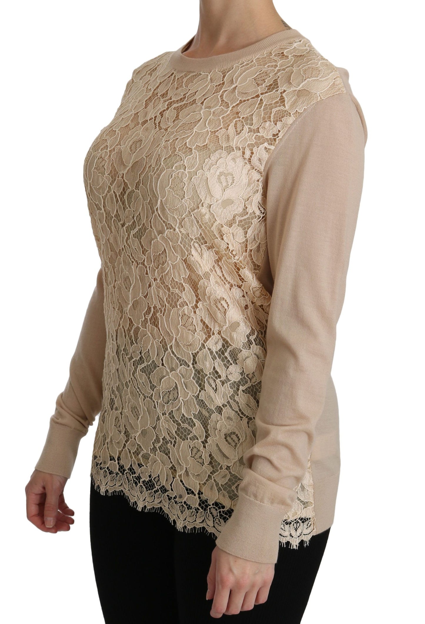 Dolce & Gabbana Élégant chemisier en cachemire à col ras du cou en dentelle beige