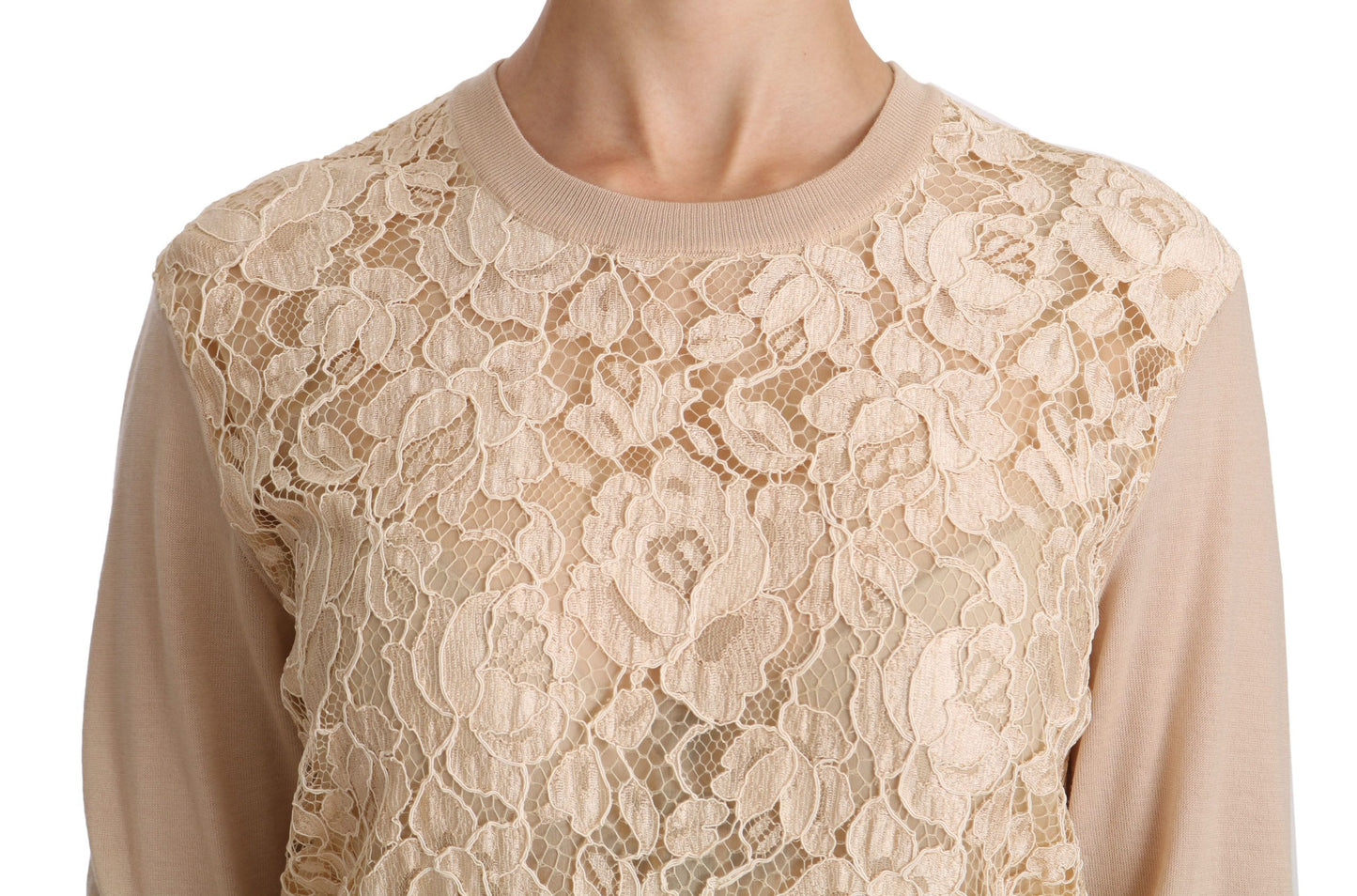 Dolce & Gabbana Élégant chemisier en cachemire à col ras du cou en dentelle beige