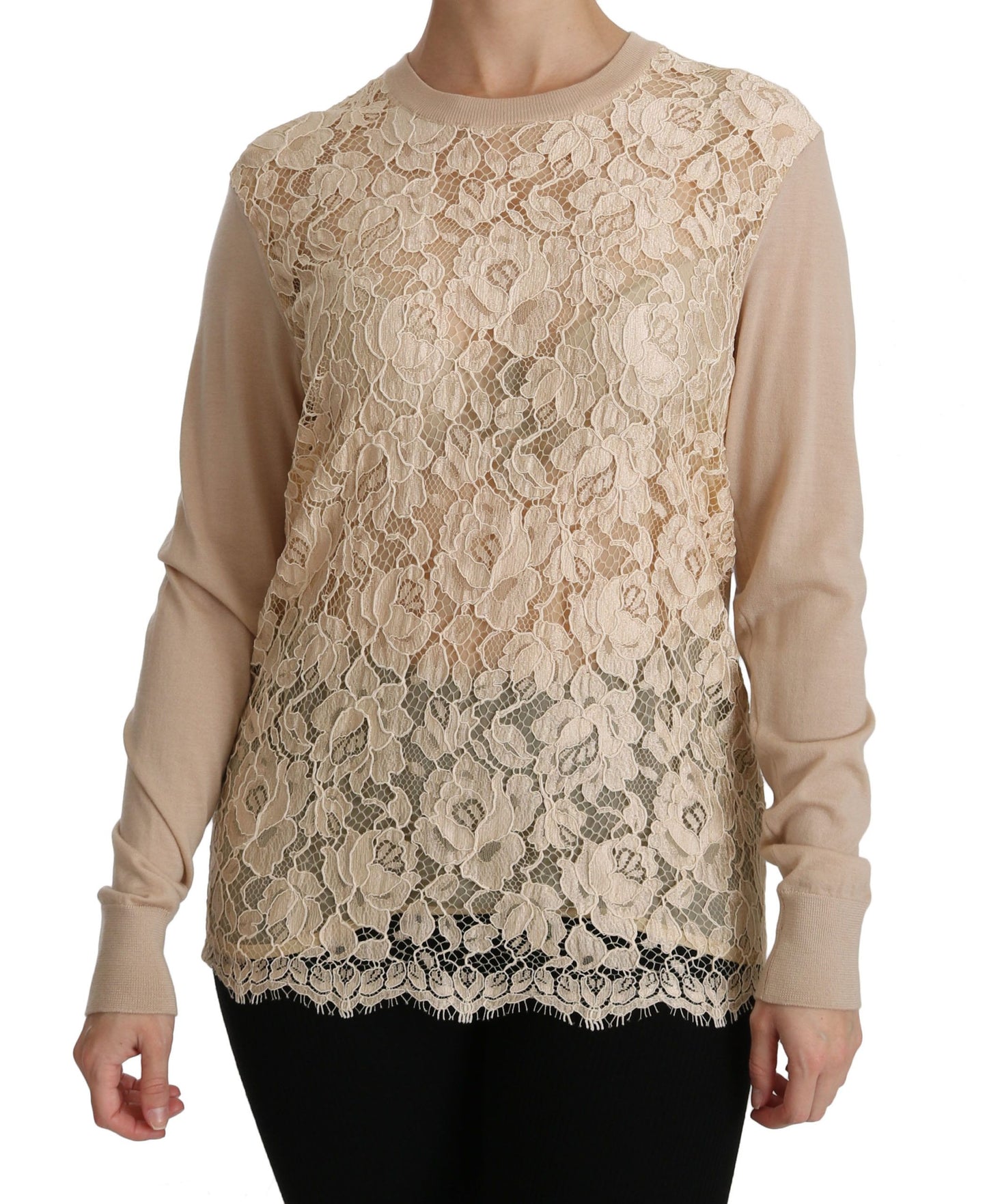 Dolce & Gabbana Élégant chemisier en cachemire à col ras du cou en dentelle beige