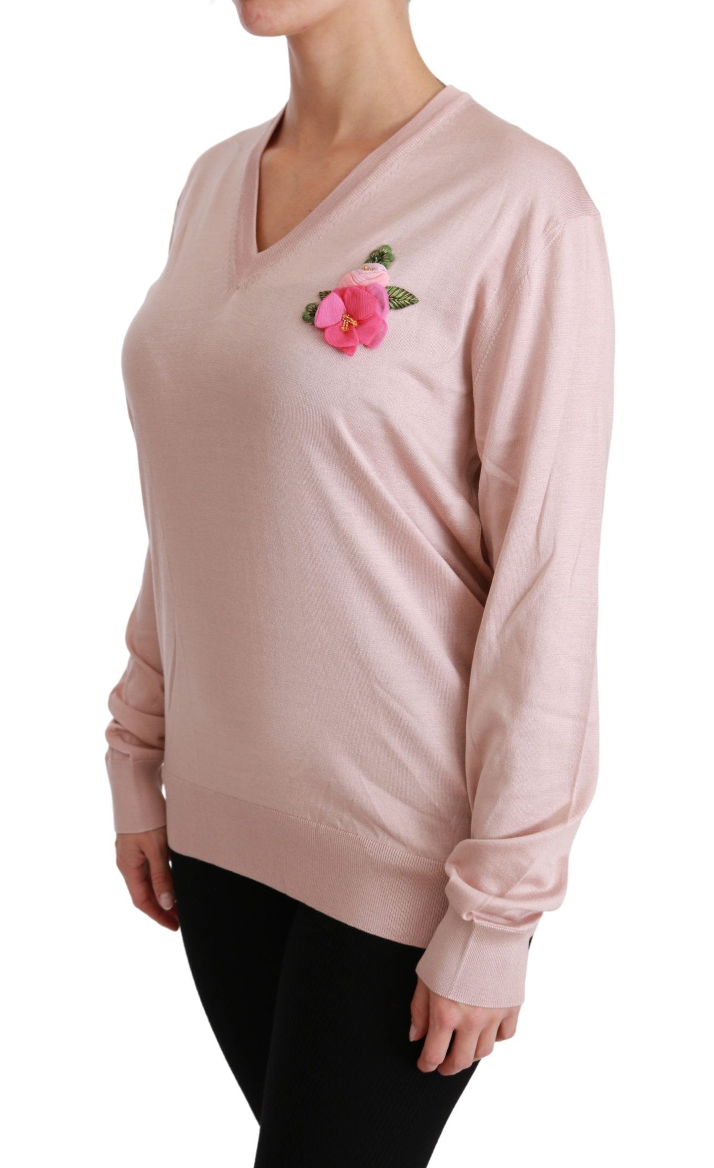 Pull col V en soie à fleurs roses Dolce & Gabbana