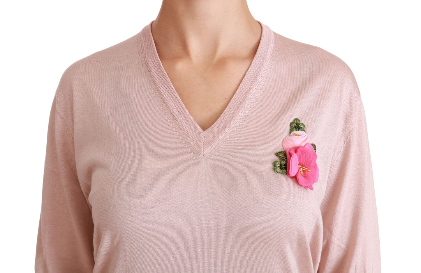 Pull col V en soie à fleurs roses Dolce & Gabbana
