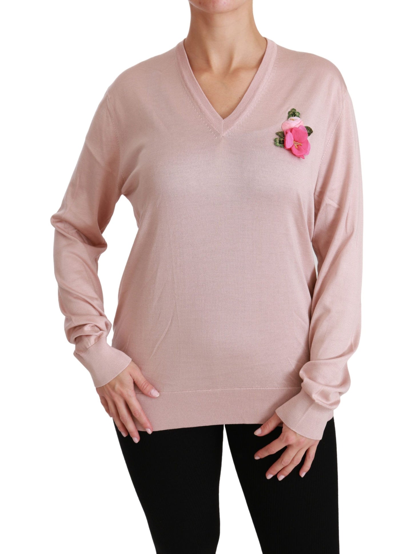 Pull col V en soie à fleurs roses Dolce & Gabbana
