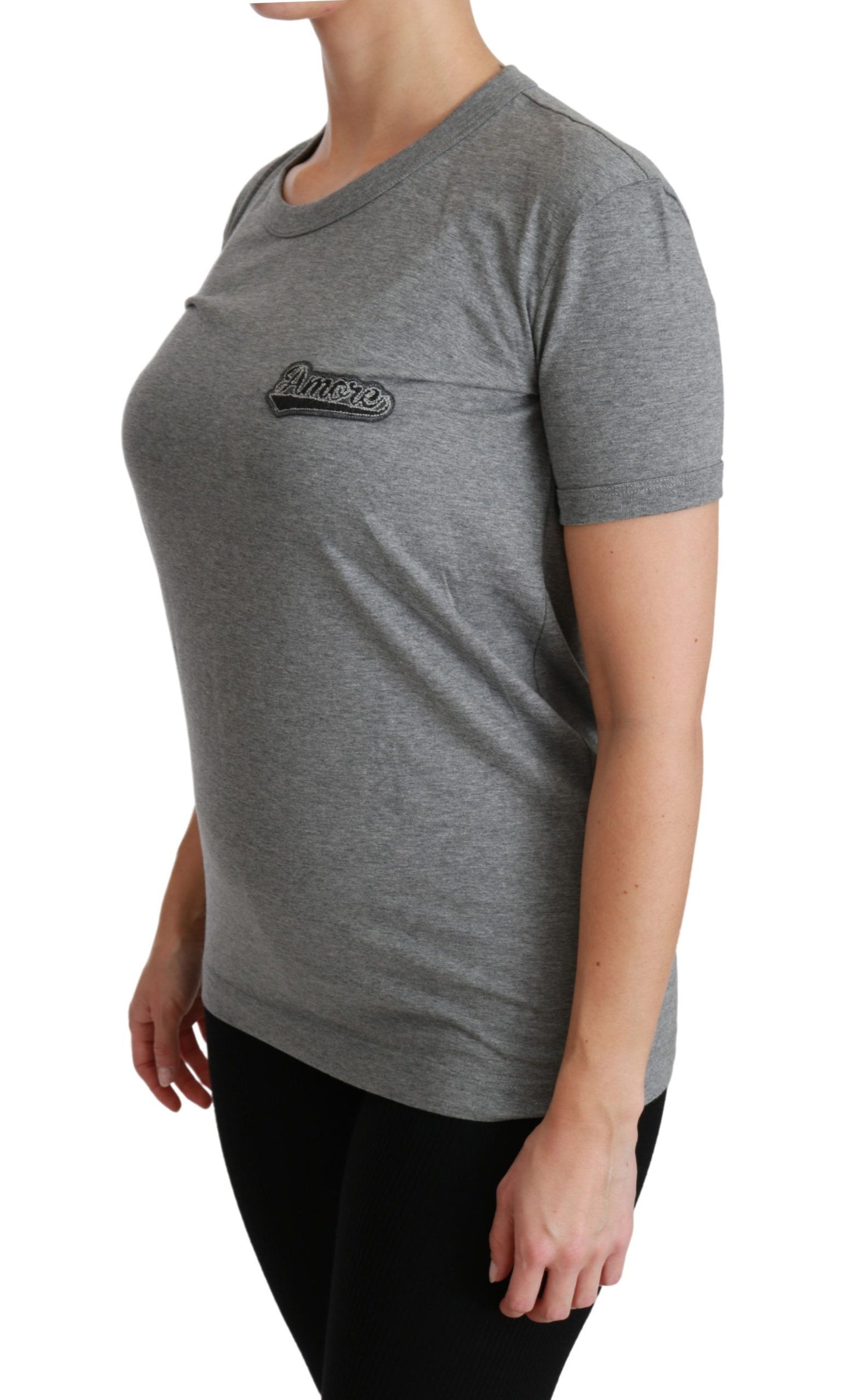 Dolce & Gabbana Gray Crewneck Amore Patch Cotton Top T-shirt