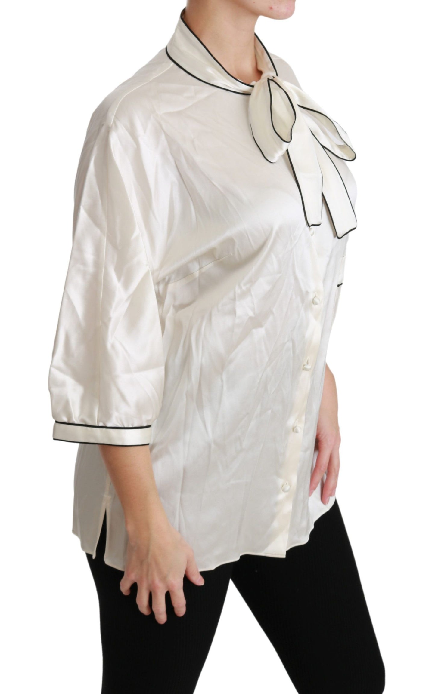 Dolce & Gabbana Élégant chemisier en soie beige avec foulard à nœud