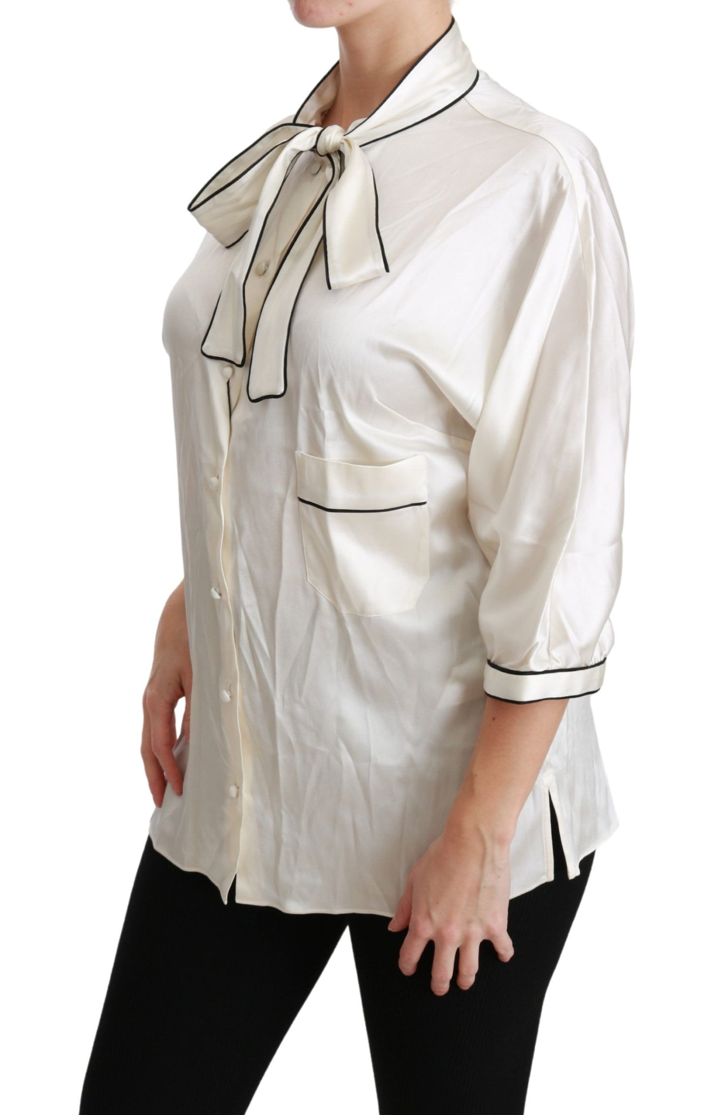 Dolce & Gabbana Élégant chemisier en soie beige avec foulard à nœud