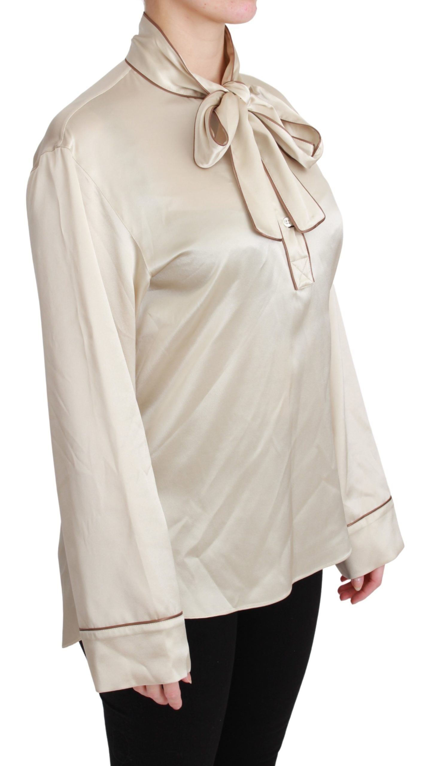 Dolce & Gabbana Élégant chemisier en satin de soie beige avec broderie QUEEN