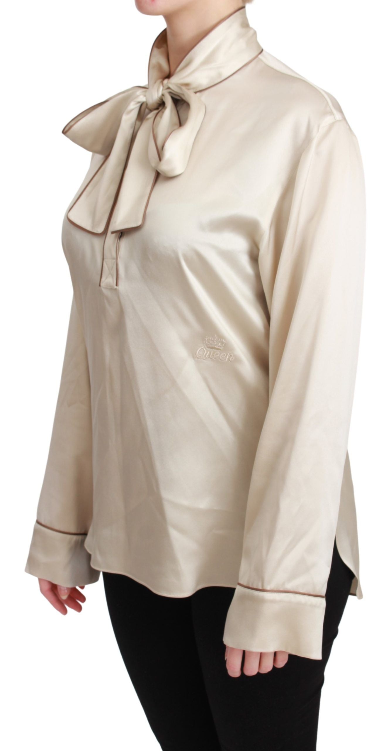 Dolce & Gabbana Élégant chemisier en satin de soie beige avec broderie QUEEN