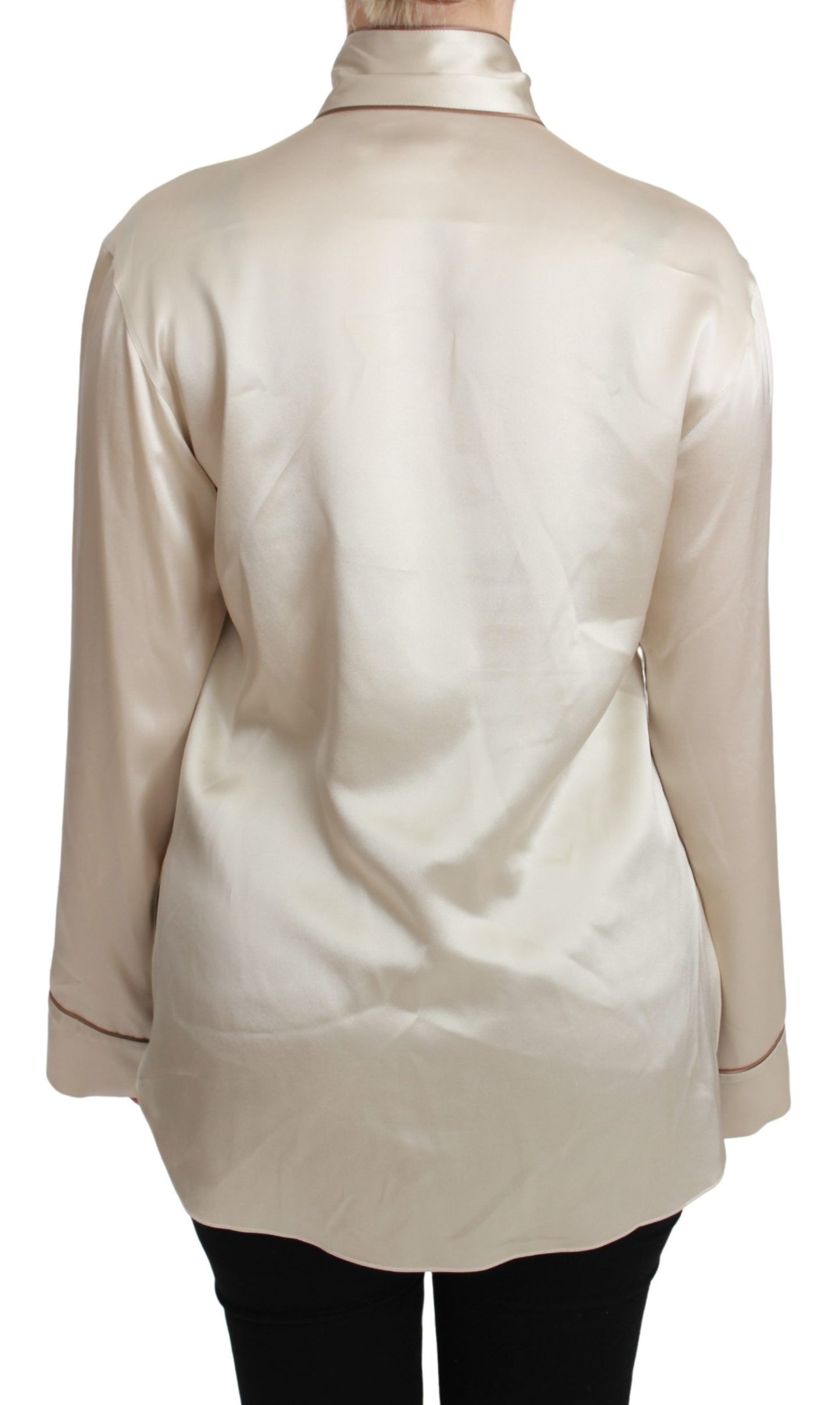 Dolce & Gabbana Élégant chemisier en satin de soie beige avec broderie QUEEN