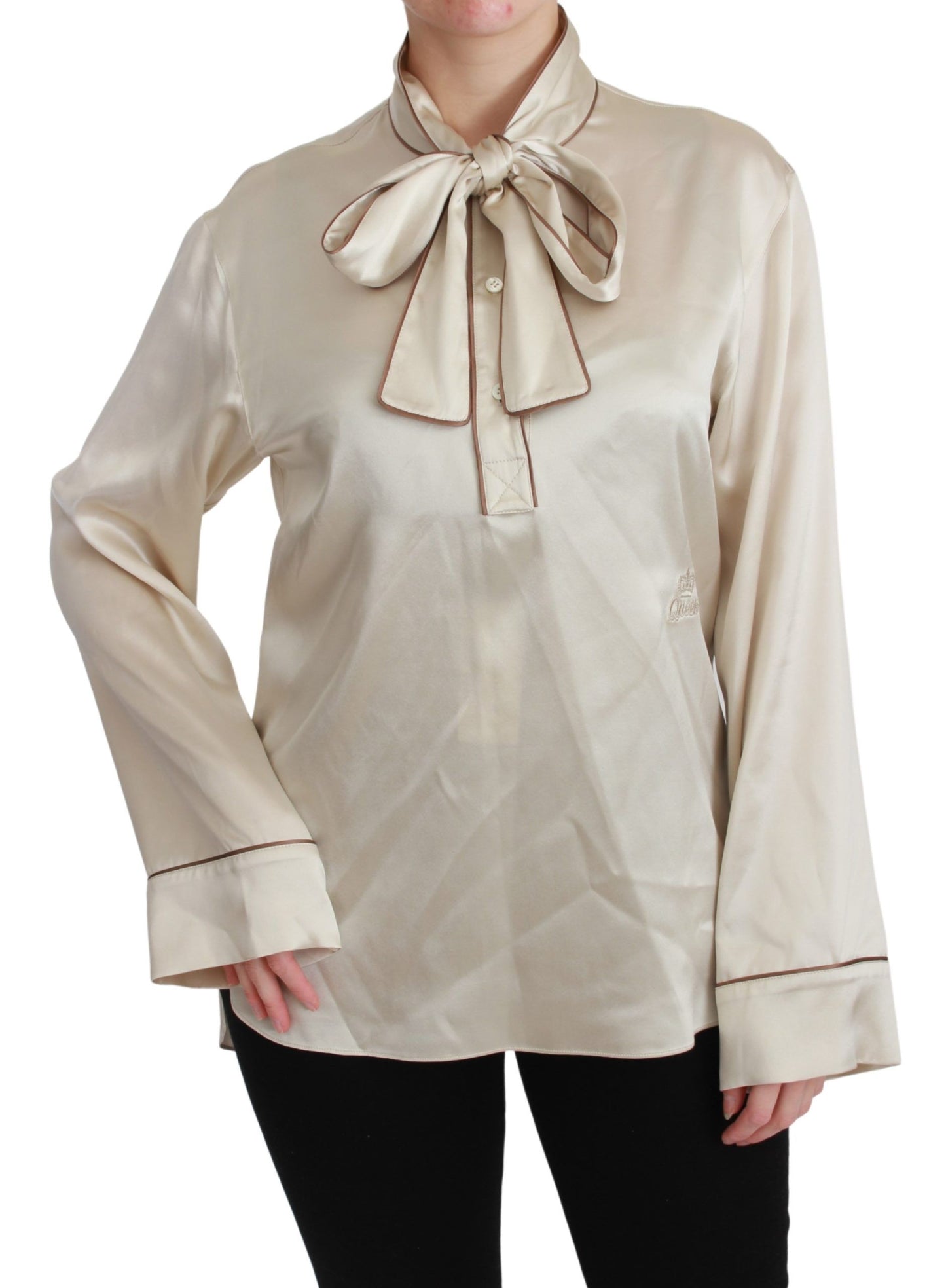 Dolce & Gabbana Élégant chemisier en satin de soie beige avec broderie QUEEN