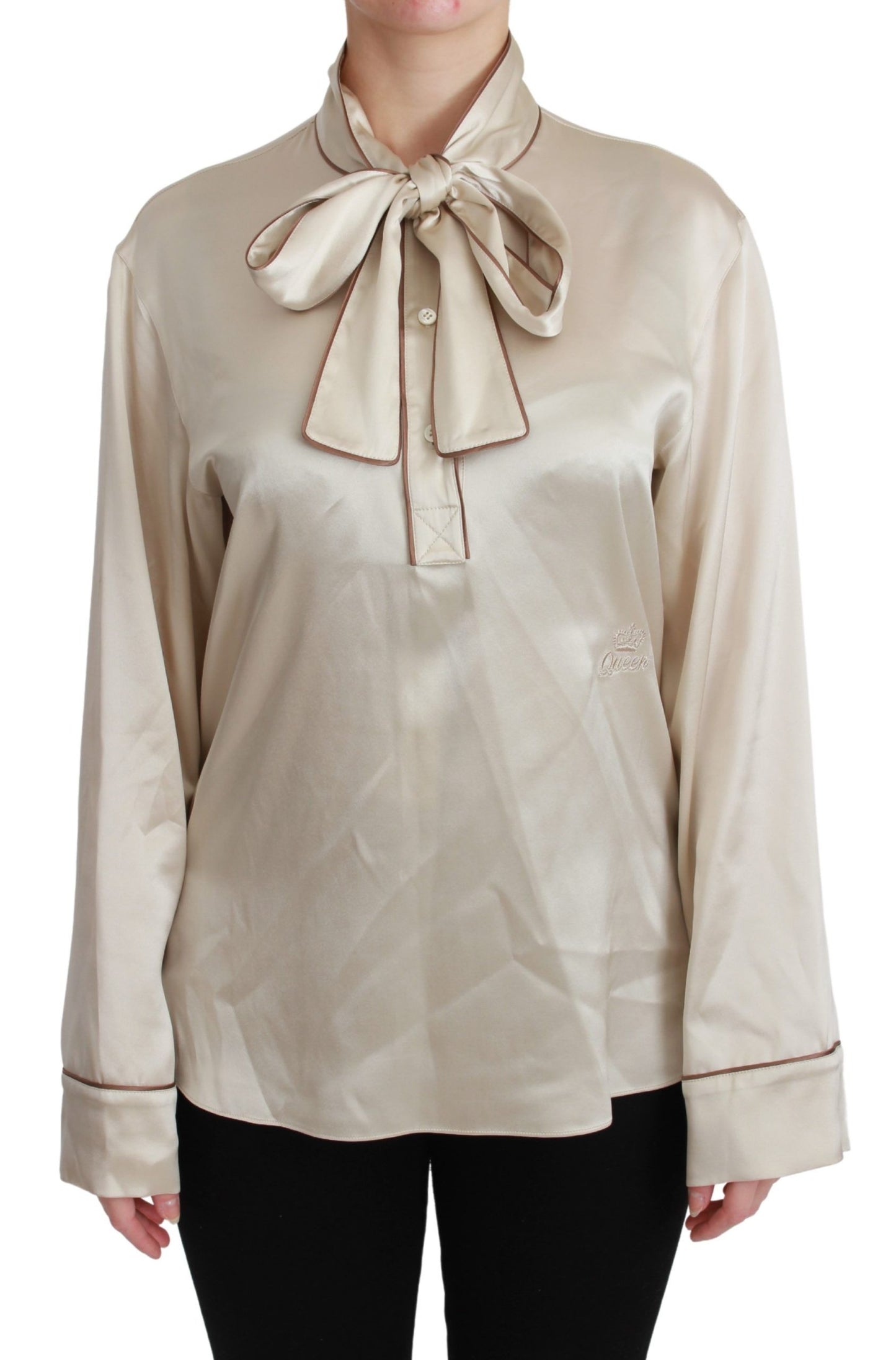 Dolce & Gabbana Élégant chemisier en satin de soie beige avec broderie QUEEN