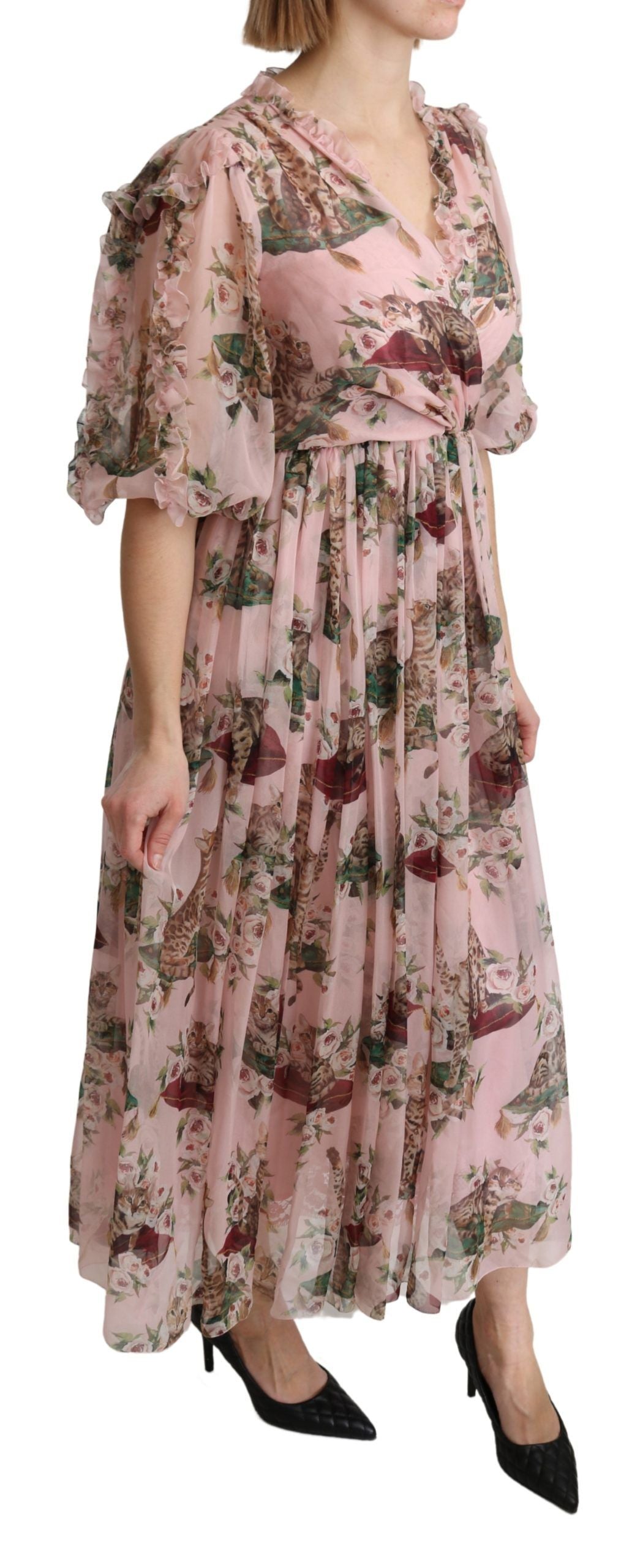 Robe longue trapèze élégante à imprimé chat du Bengale rose Dolce & Gabbana