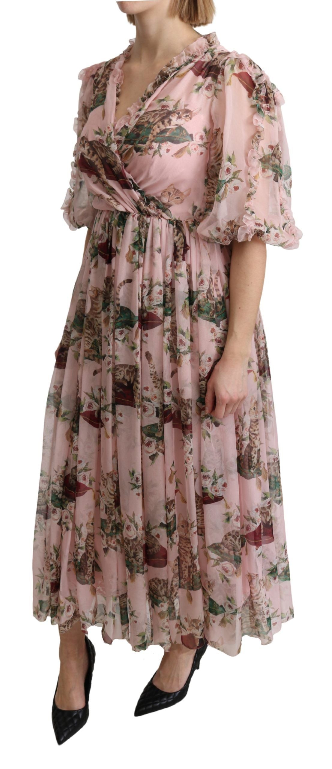 Robe longue trapèze élégante à imprimé chat du Bengale rose Dolce & Gabbana