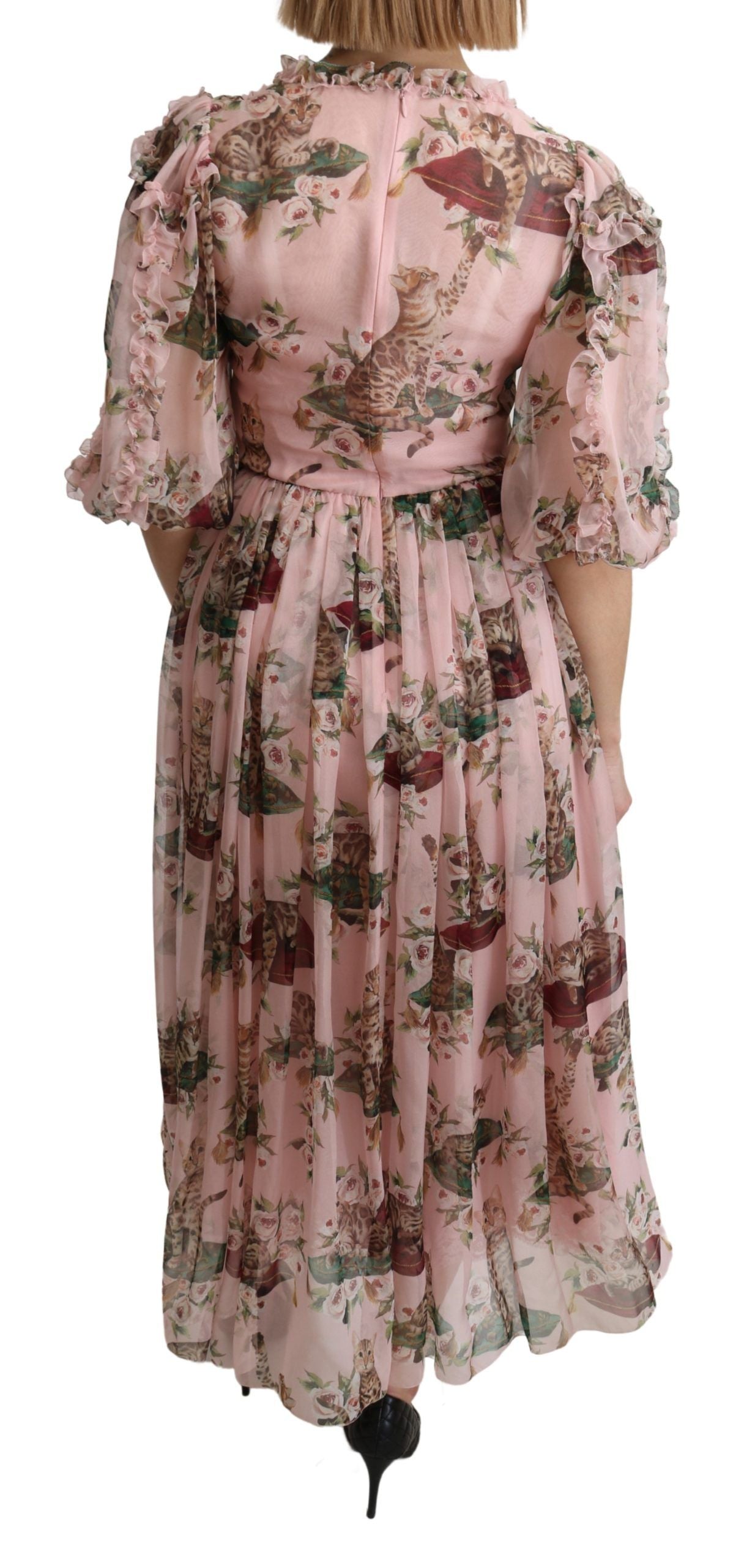 Robe longue trapèze élégante à imprimé chat du Bengale rose Dolce & Gabbana