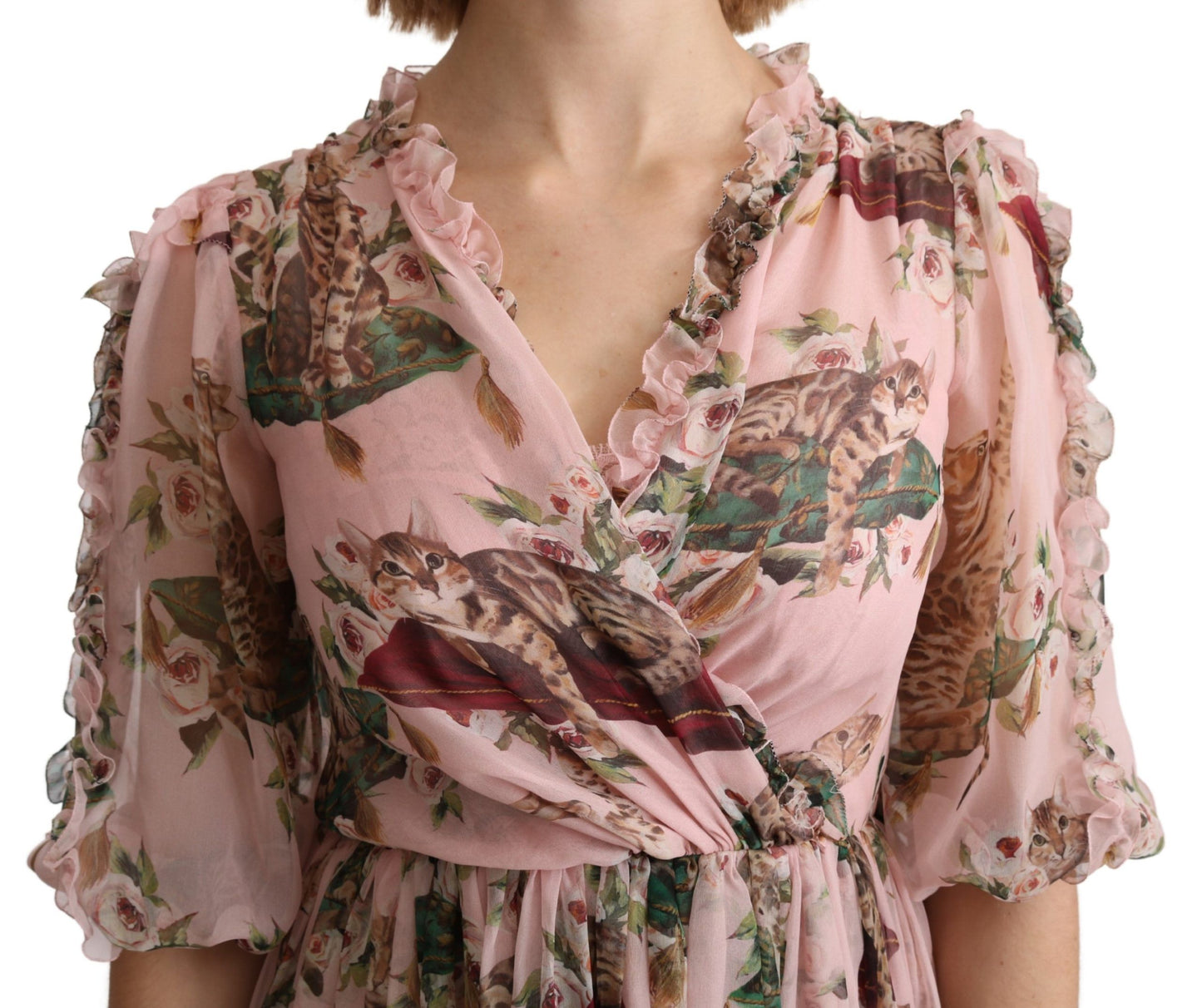 Robe longue trapèze élégante à imprimé chat du Bengale rose Dolce & Gabbana