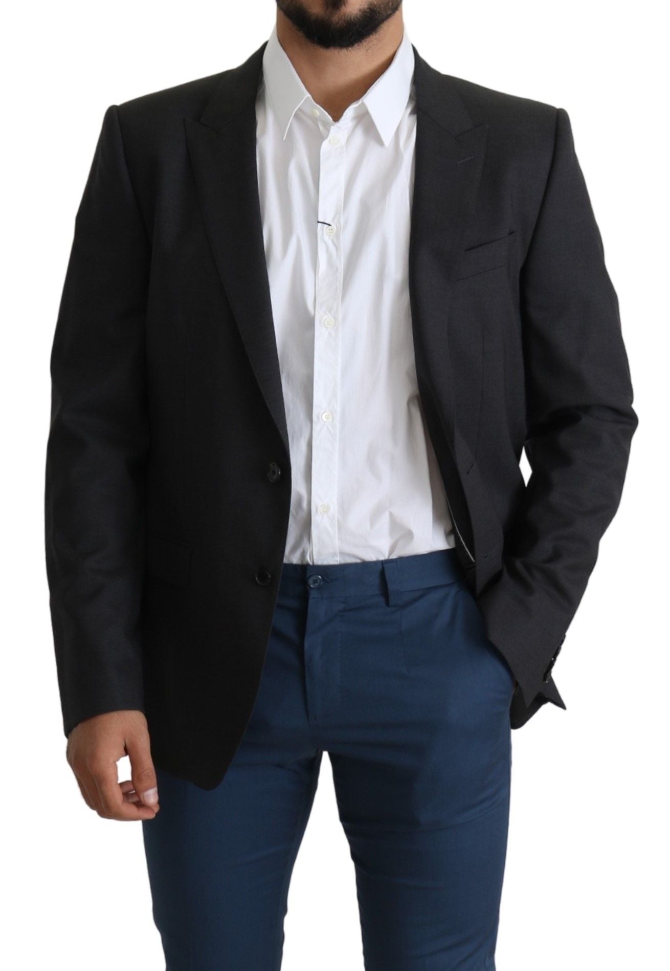 Blazer slim élégant en laine et soie mélangées grises Dolce & Gabbana