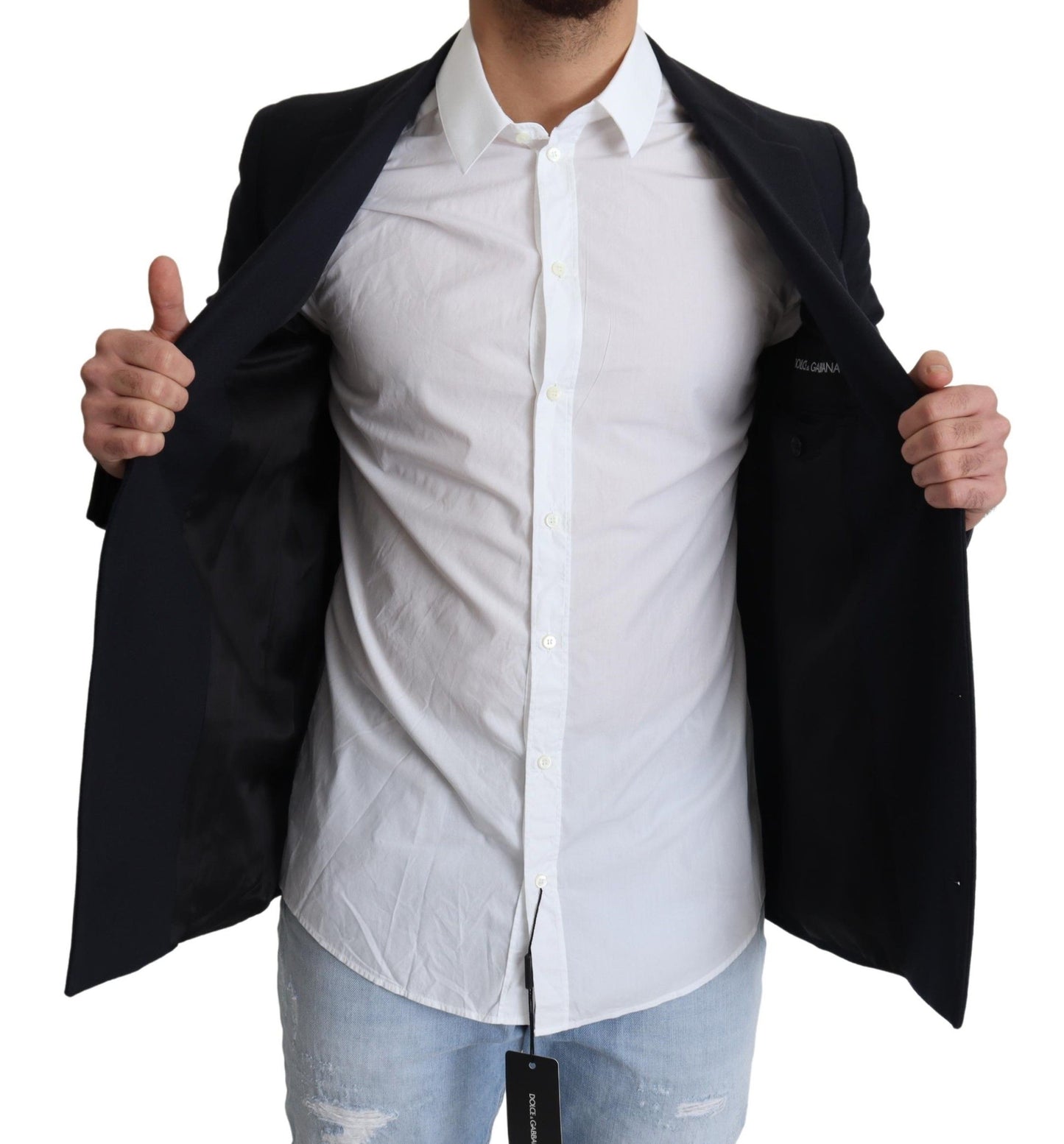 Dolce & Gabbana Élégant manteau en laine vierge bleu foncé pour homme