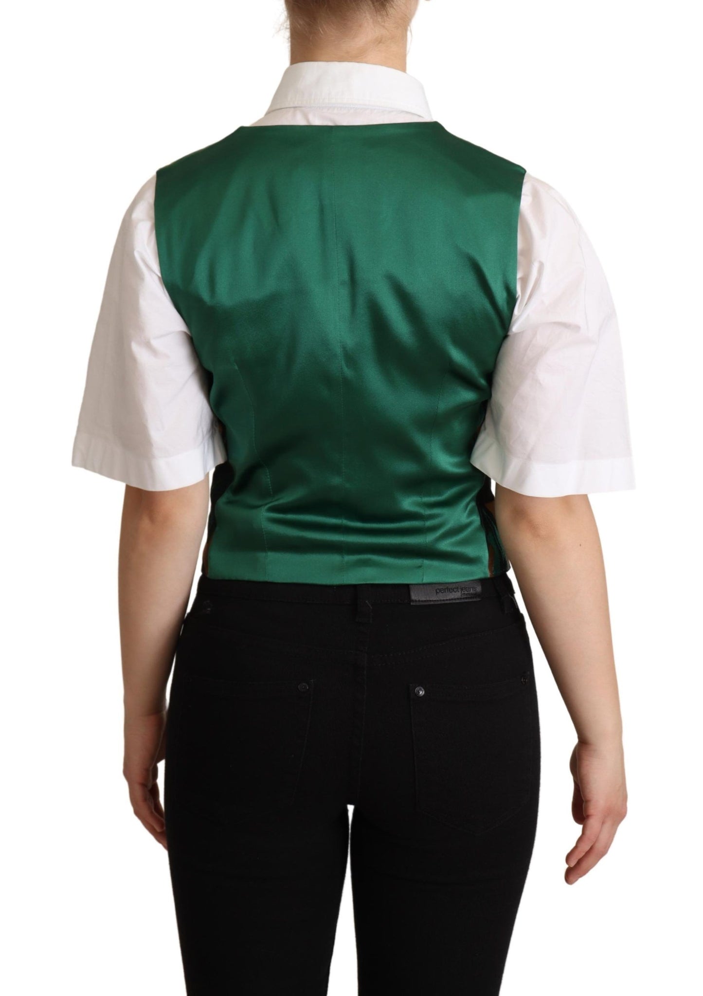 Dolce & Gabbana Green Jacquard Leaf Gold Waistcoat Cardigan