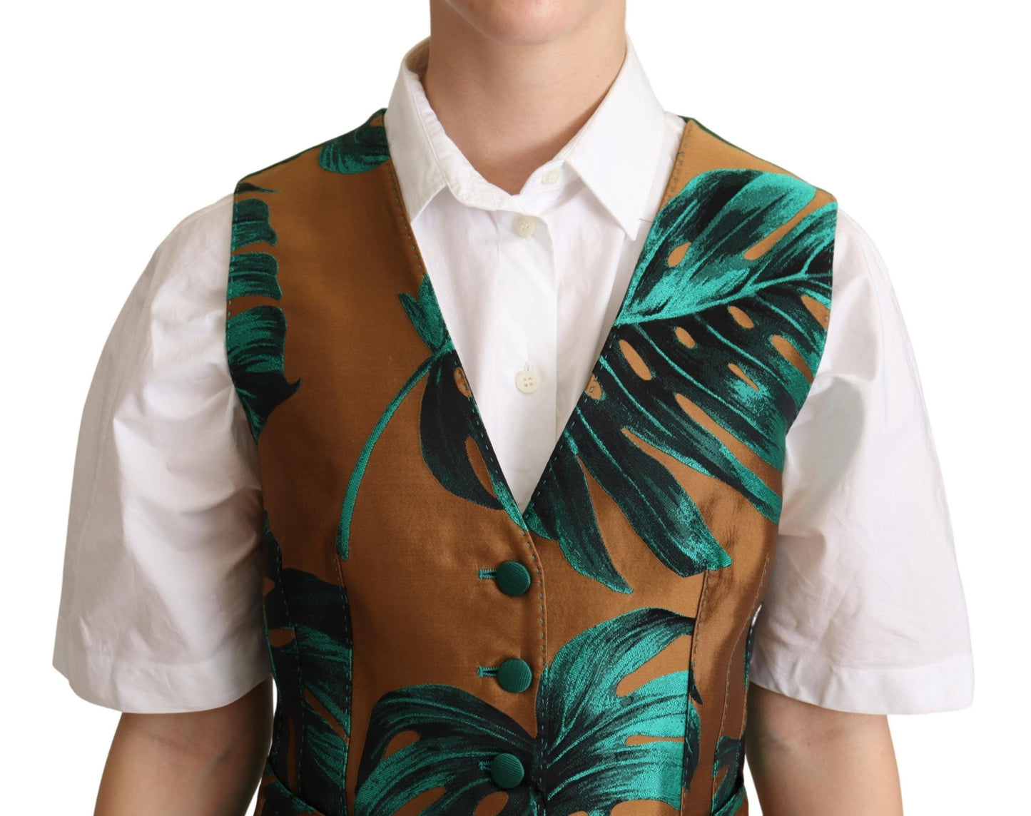 Dolce & Gabbana Green Jacquard Leaf Gold Waistcoat Cardigan