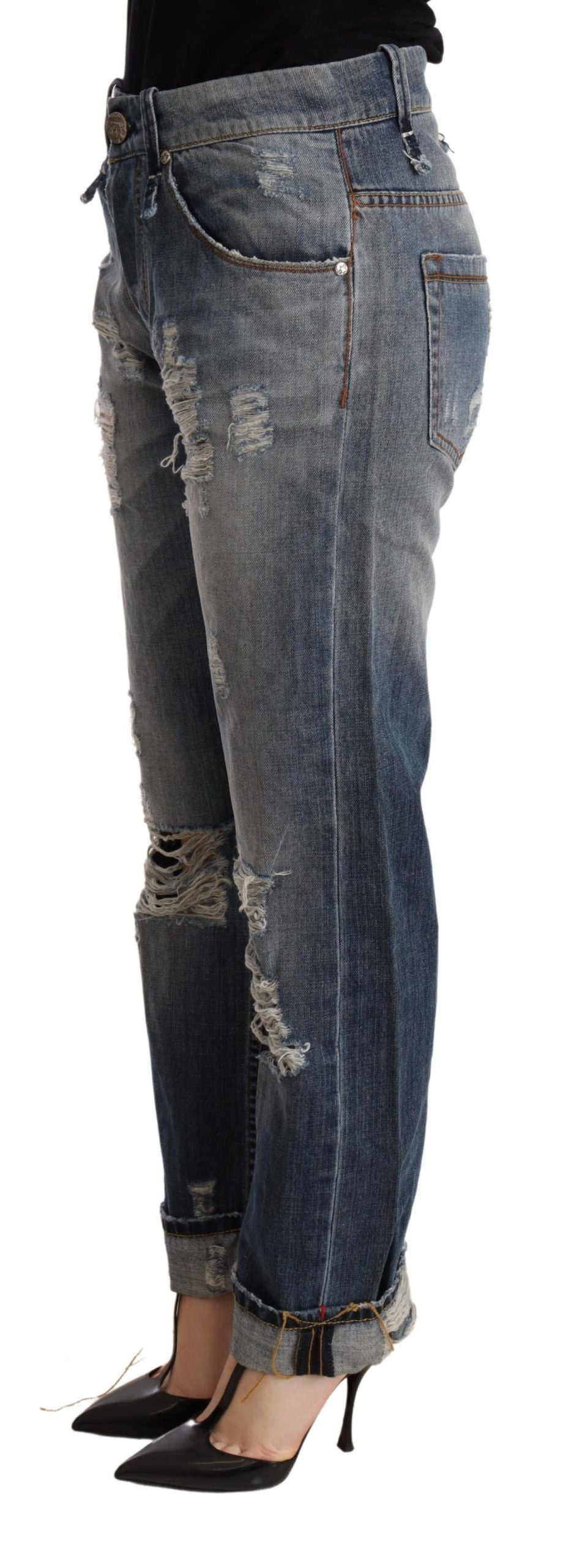 Eight Blue Tattered Mid Waist Straight Denim Trouser
