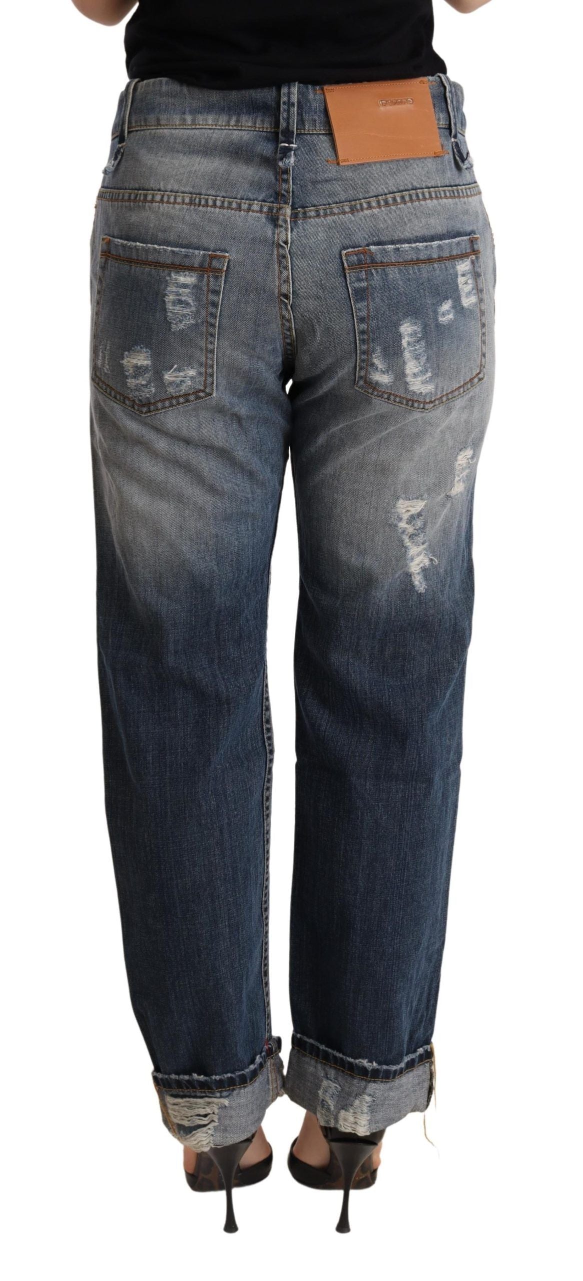 Eight Blue Tattered Mid Waist Straight Denim Trouser