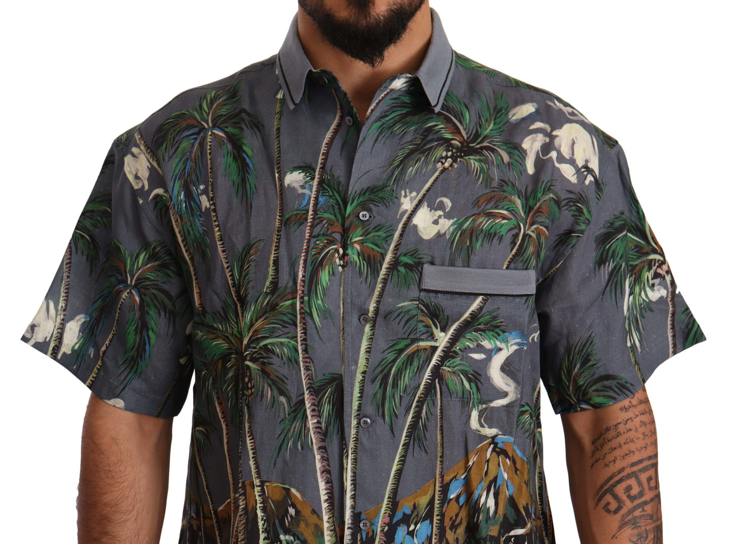 Dolce & Gabbana Gray Linen Tropical Print Collared Shirt by Dolce & Gabbana