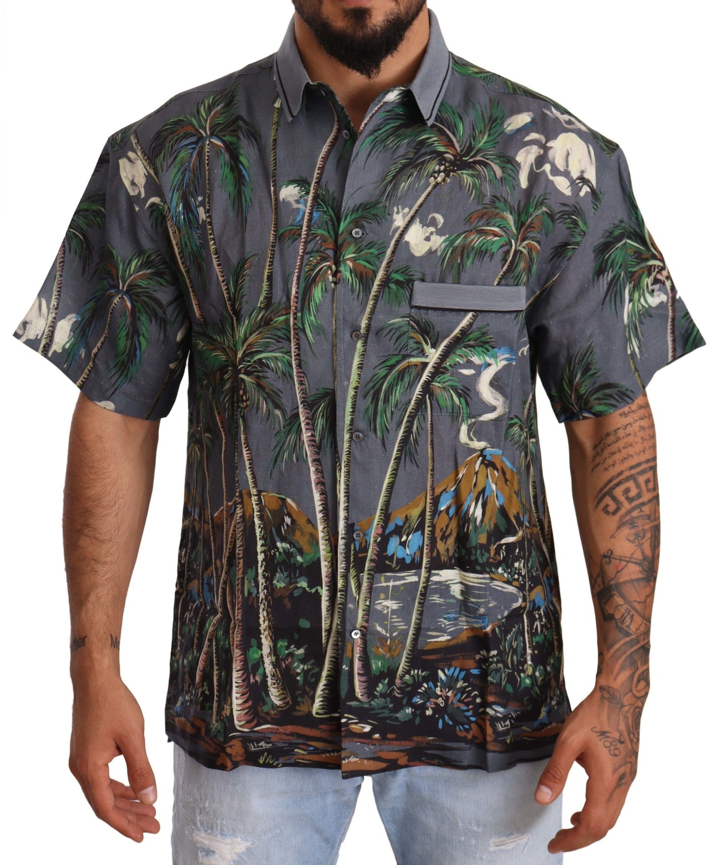 Dolce & Gabbana Gray Linen Tropical Print Collared Shirt by Dolce & Gabbana