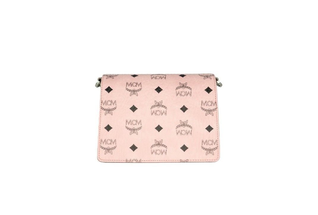 Sac à main à bandoulière MCM Signature en cuir rose doux avec logo diamant