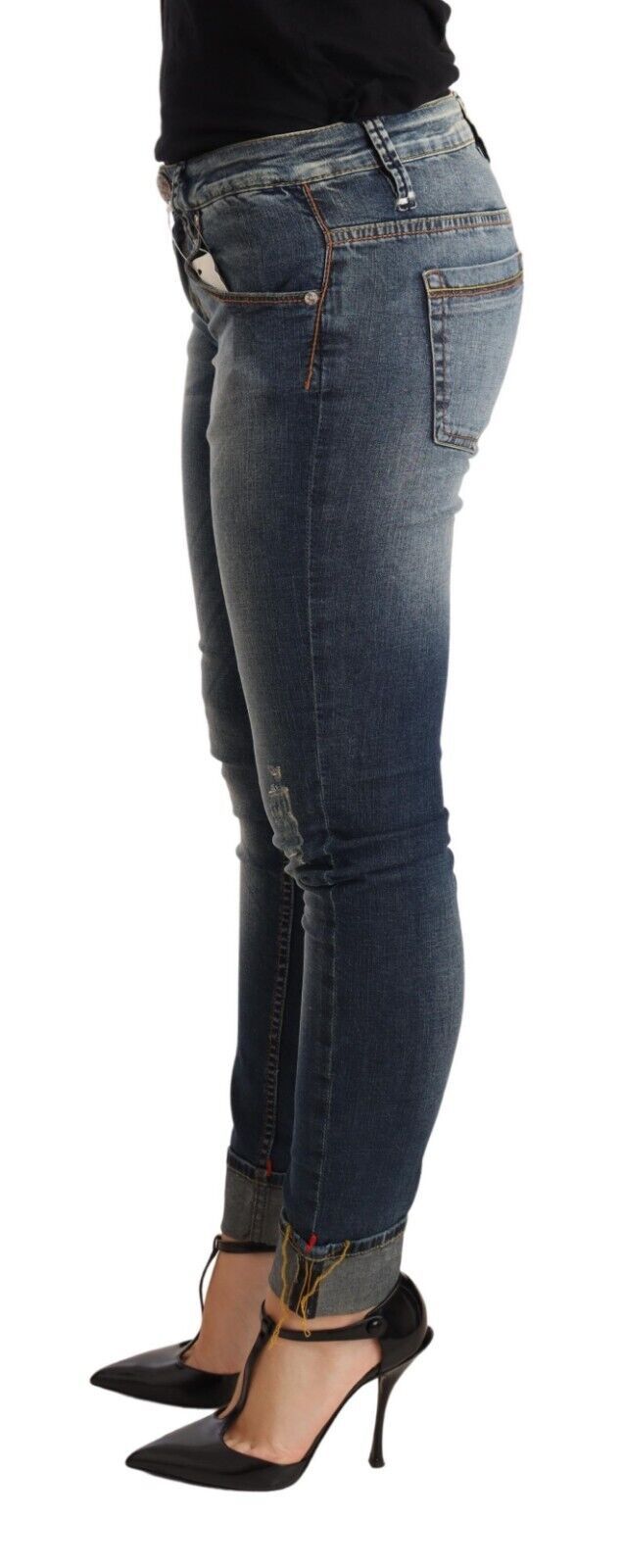 Eight Blue Washed Cotton Low Waist Skinny Denim Women Trouser Jeans