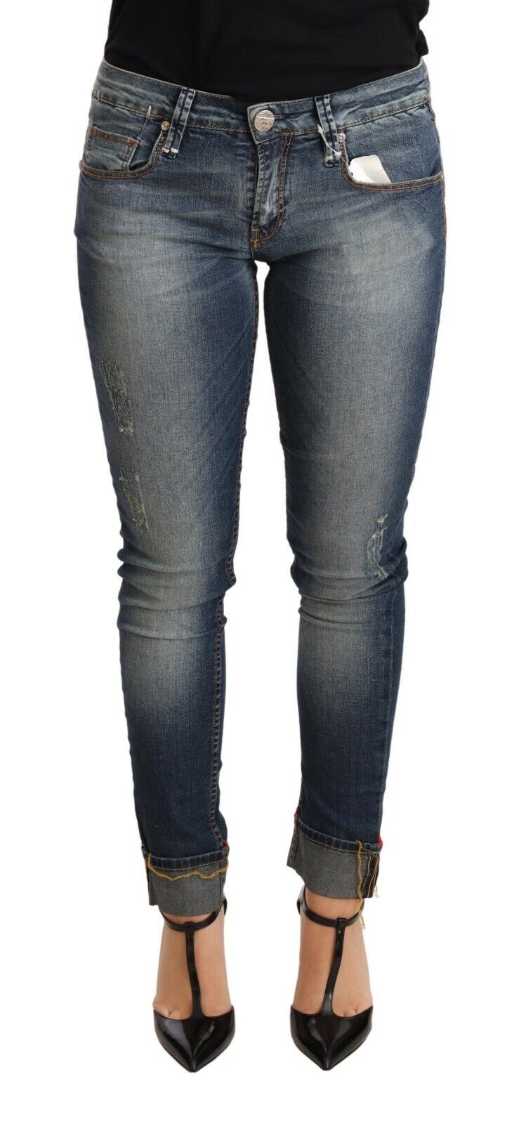 Eight Blue Washed Cotton Low Waist Skinny Denim Women Trouser Jeans