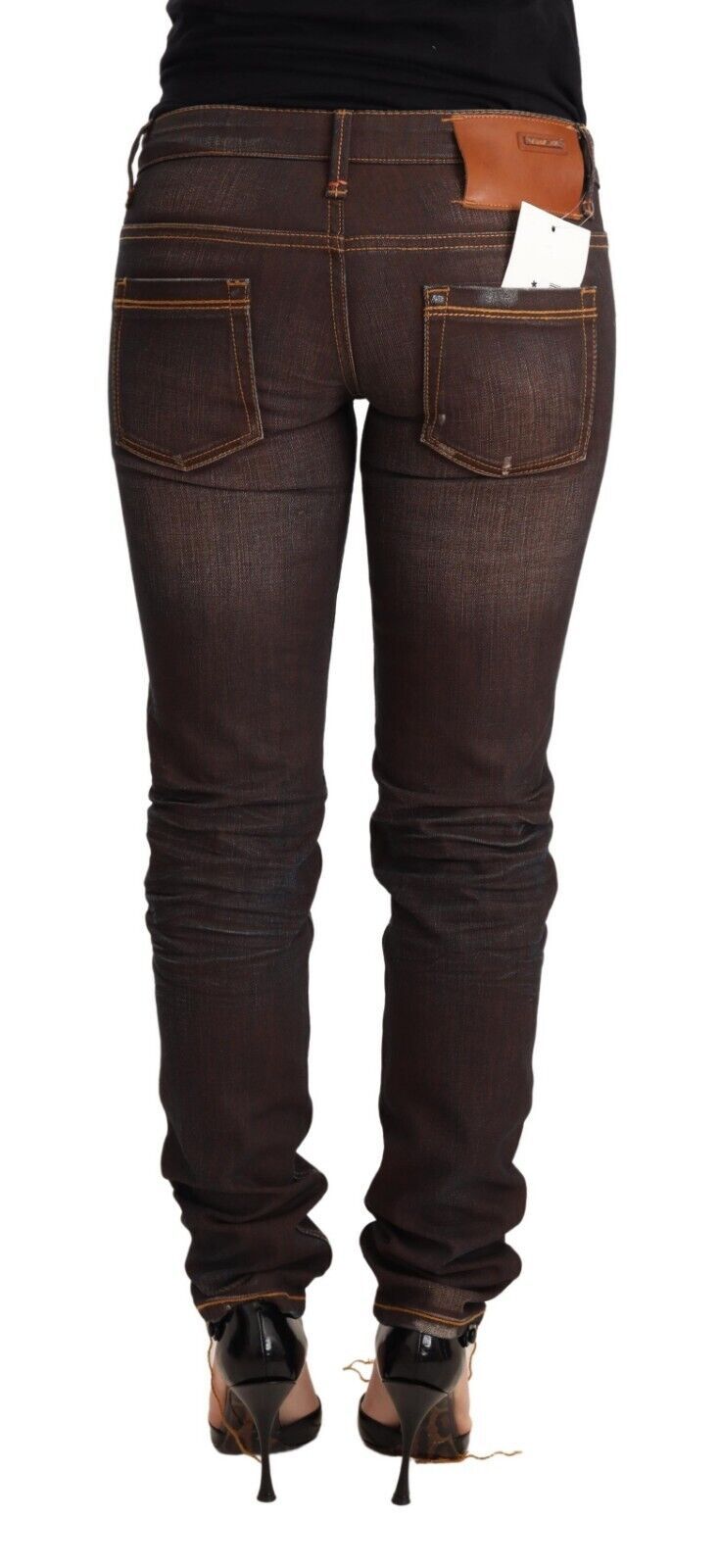 Eight Brown Washed Cotton Slim Fit Denim Low Waist Trouser Jeans