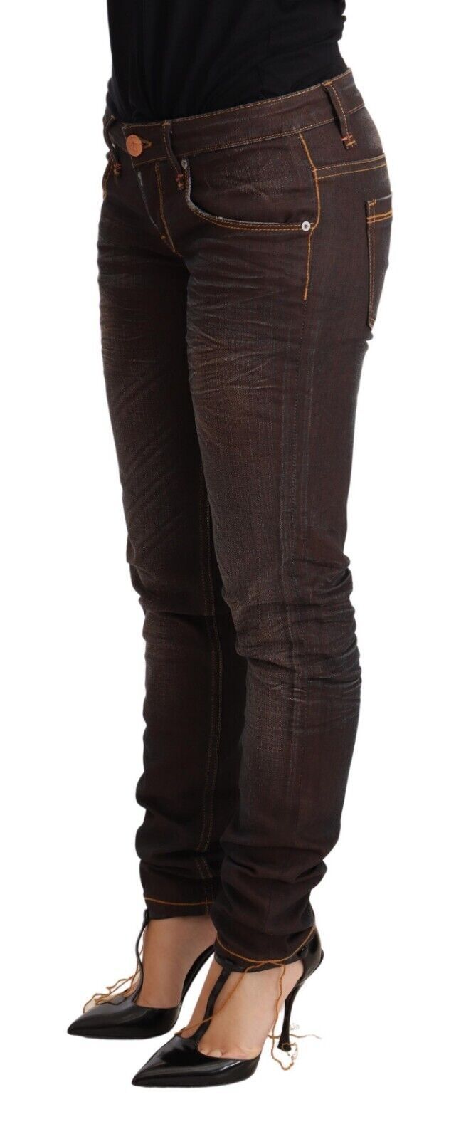Eight Brown Washed Cotton Slim Fit Denim Low Waist Trouser Jeans
