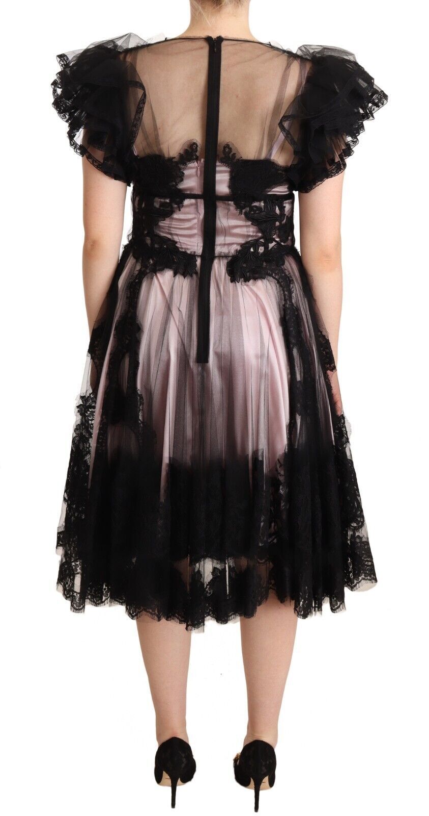 Dolce & Gabbana Black Pink Floral Lace A-line Midi Sheer Dress by Dolce & Gabbana
