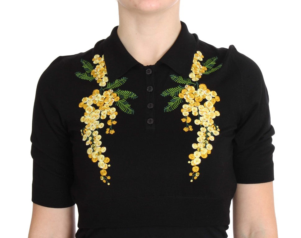 Dolce & Gabbana Élégant haut polo en soie noire à fleurs