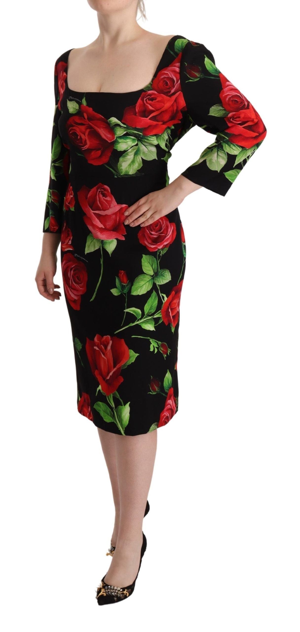 Dolce & Gabbana Black Red Roses Sheath Stretch Silk Dress by Dolce & Gabbana