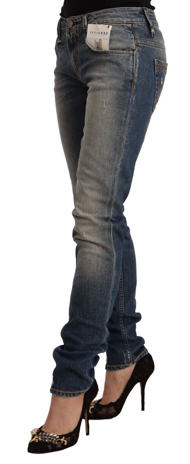 Jean skinny délavé bleu en coton mélangé