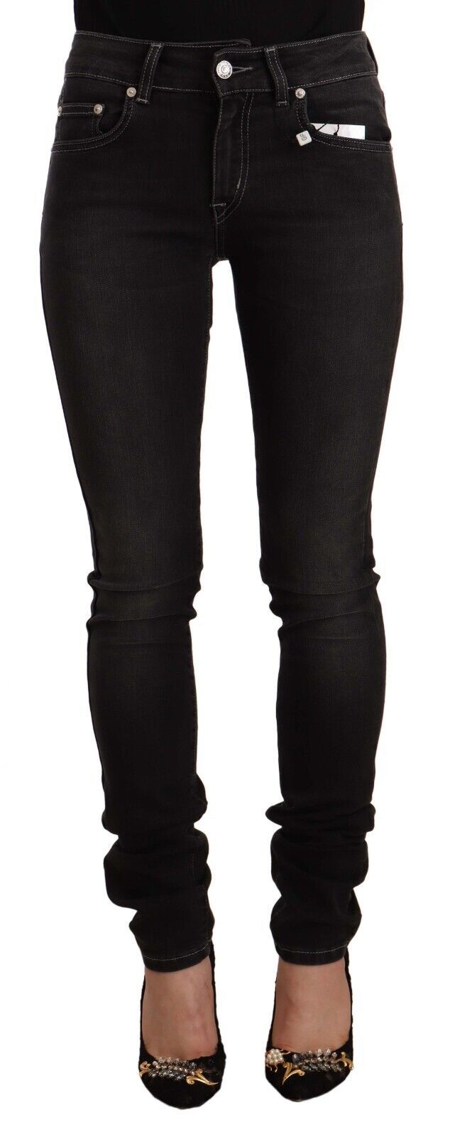 GF Ferre Black Washed Mid Waist Cotton Skinny Slim Fit Jeans by GF Ferre