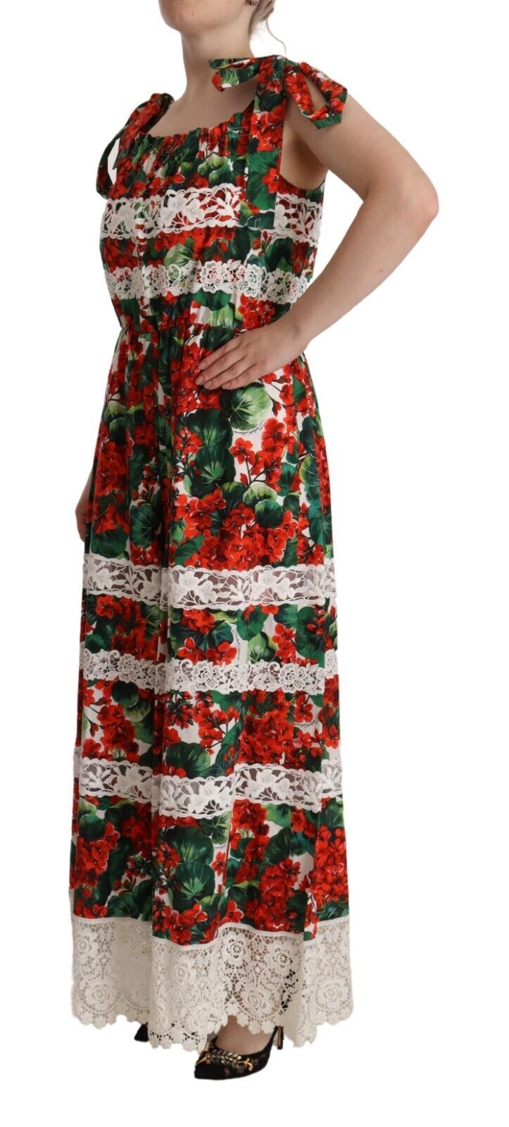 Dolce & Gabbana Multicolor Geranium Print Lace Long Maxi Dress by Dolce & Gabbana