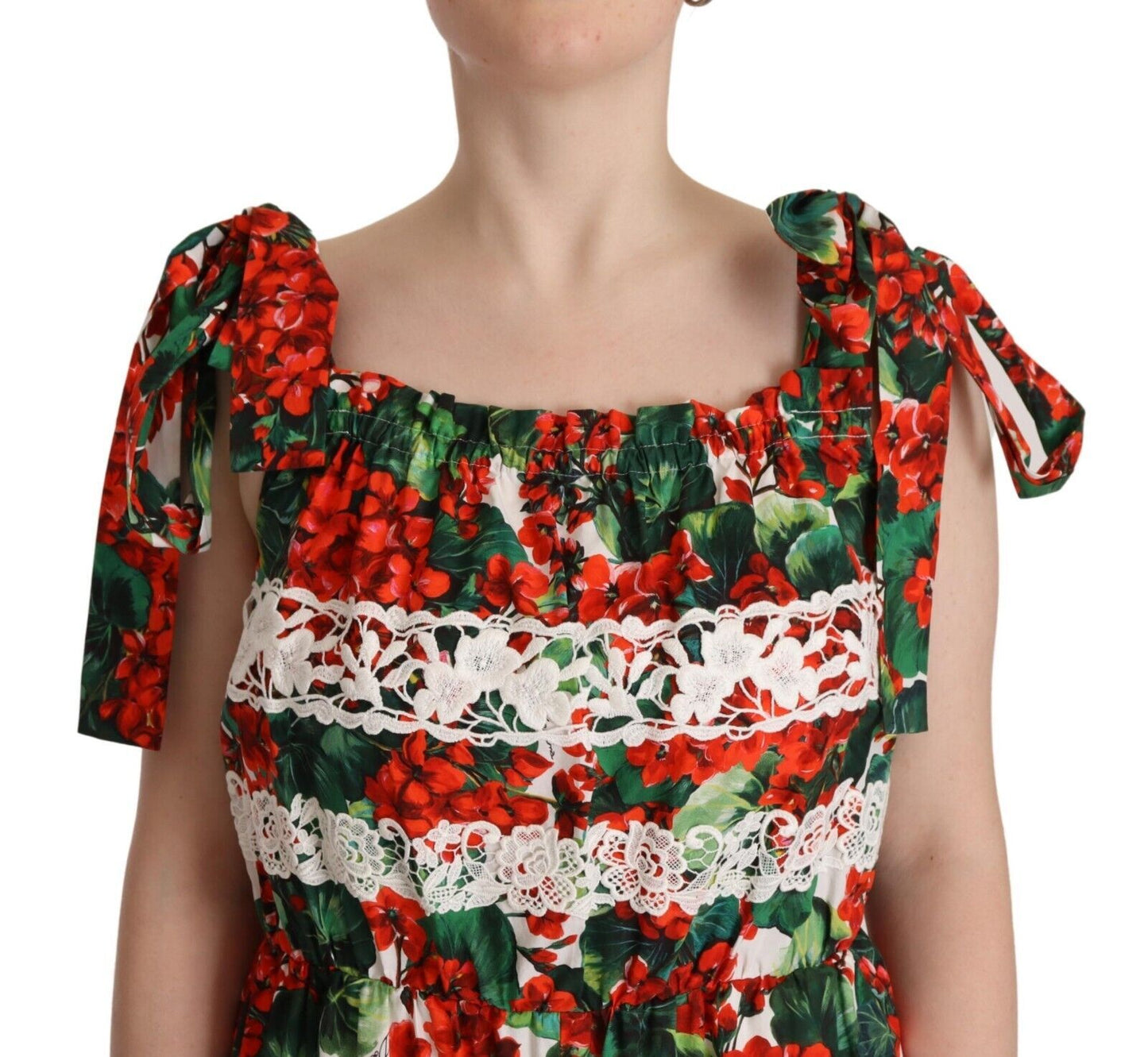 Dolce & Gabbana Multicolor Geranium Print Lace Long Maxi Dress by Dolce & Gabbana