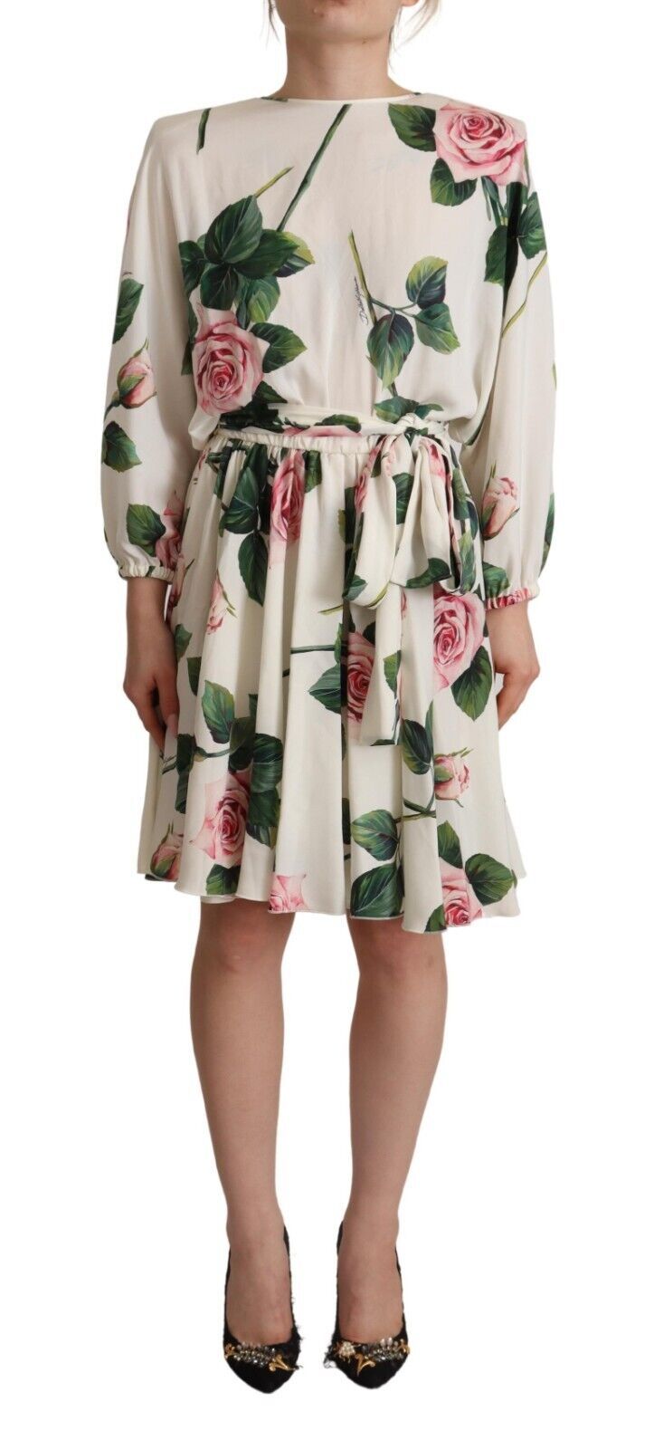 Dolce & Gabbana White Rose Print Long Sleeves A-line Dress by Dolce & Gabbana