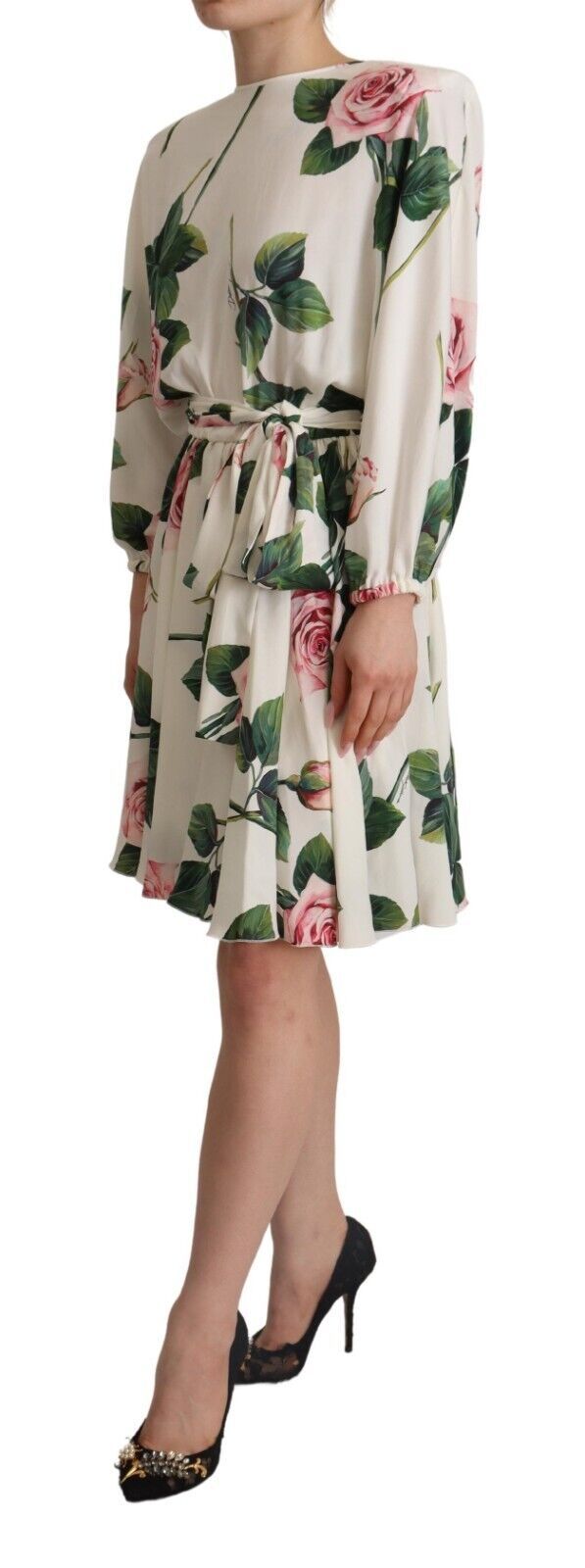 Dolce & Gabbana White Rose Print Long Sleeves A-line Dress by Dolce & Gabbana