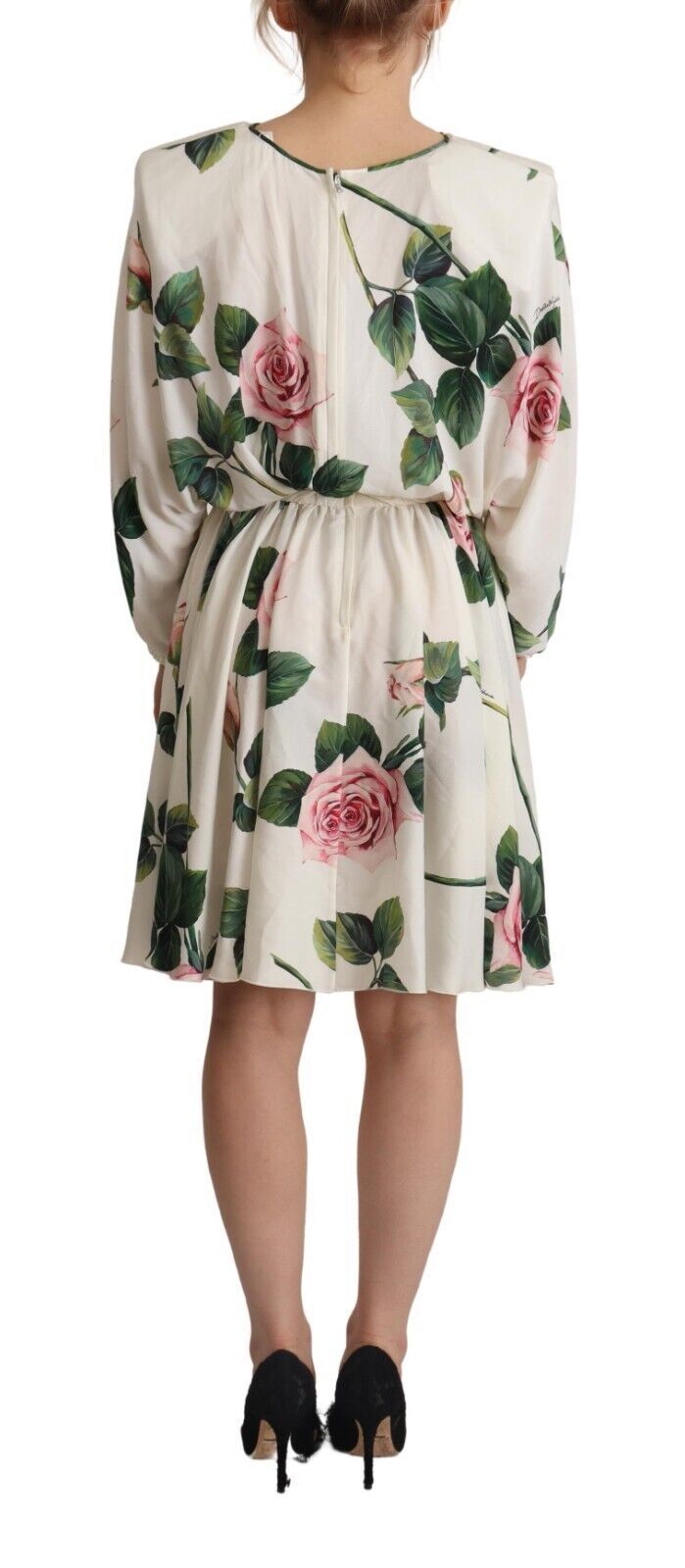 Dolce & Gabbana White Rose Print Long Sleeves A-line Dress by Dolce & Gabbana