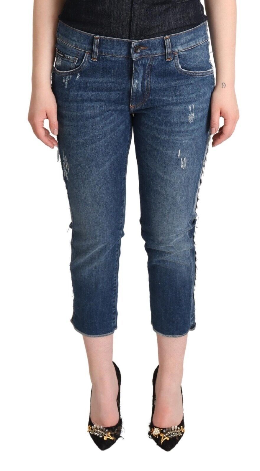 Dolce & Gabbana Blue Washed Mid Waist Denim Logo Cropped Jeans by Dolce & Gabbana