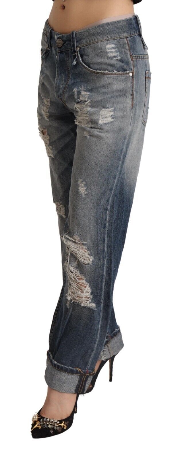 Eight Blue Tattered Mid Waist Straight Denim Cotton Jeans