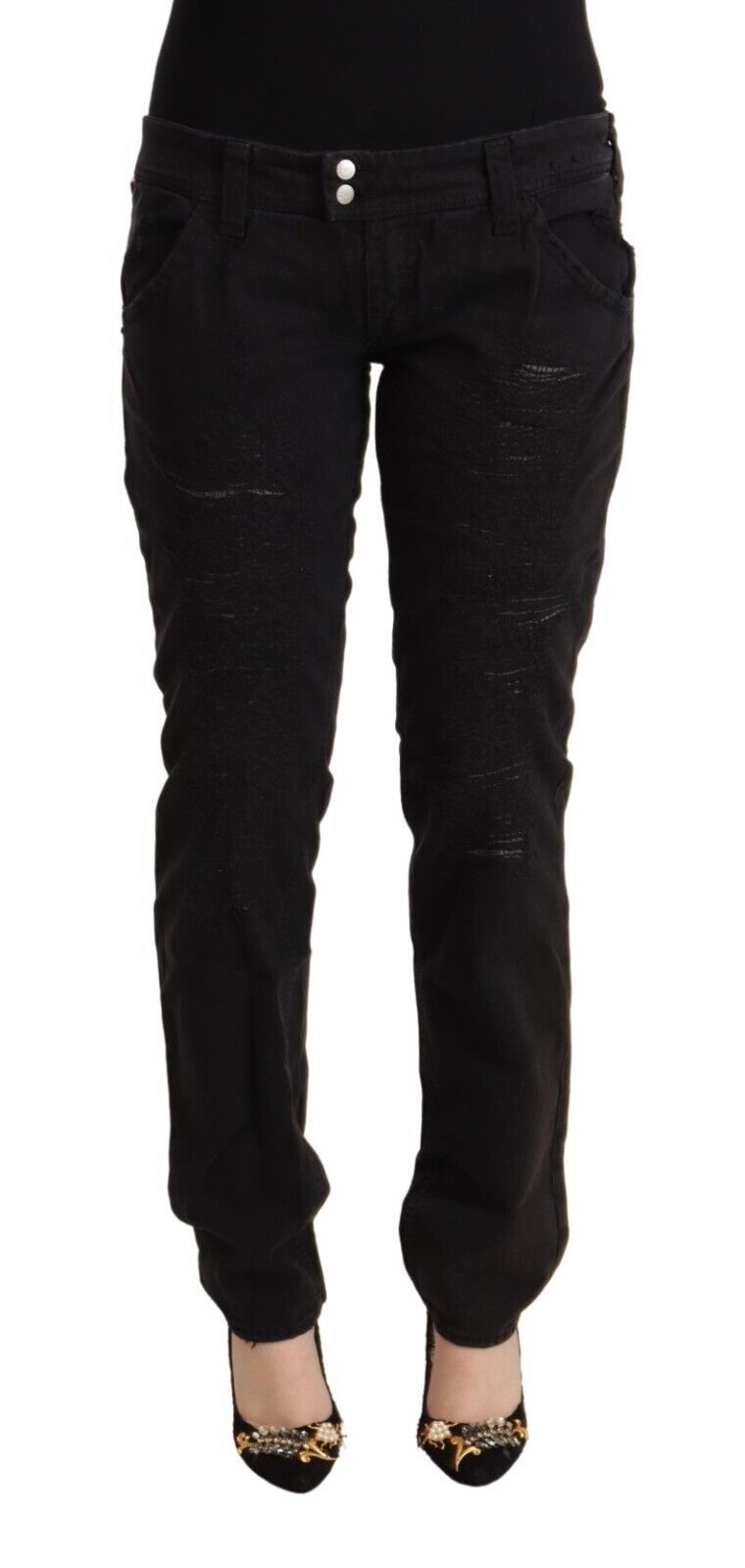 CYCLE Black Cotton Distressed Low Waist Slim Fit Denim Jeans by CYCLE