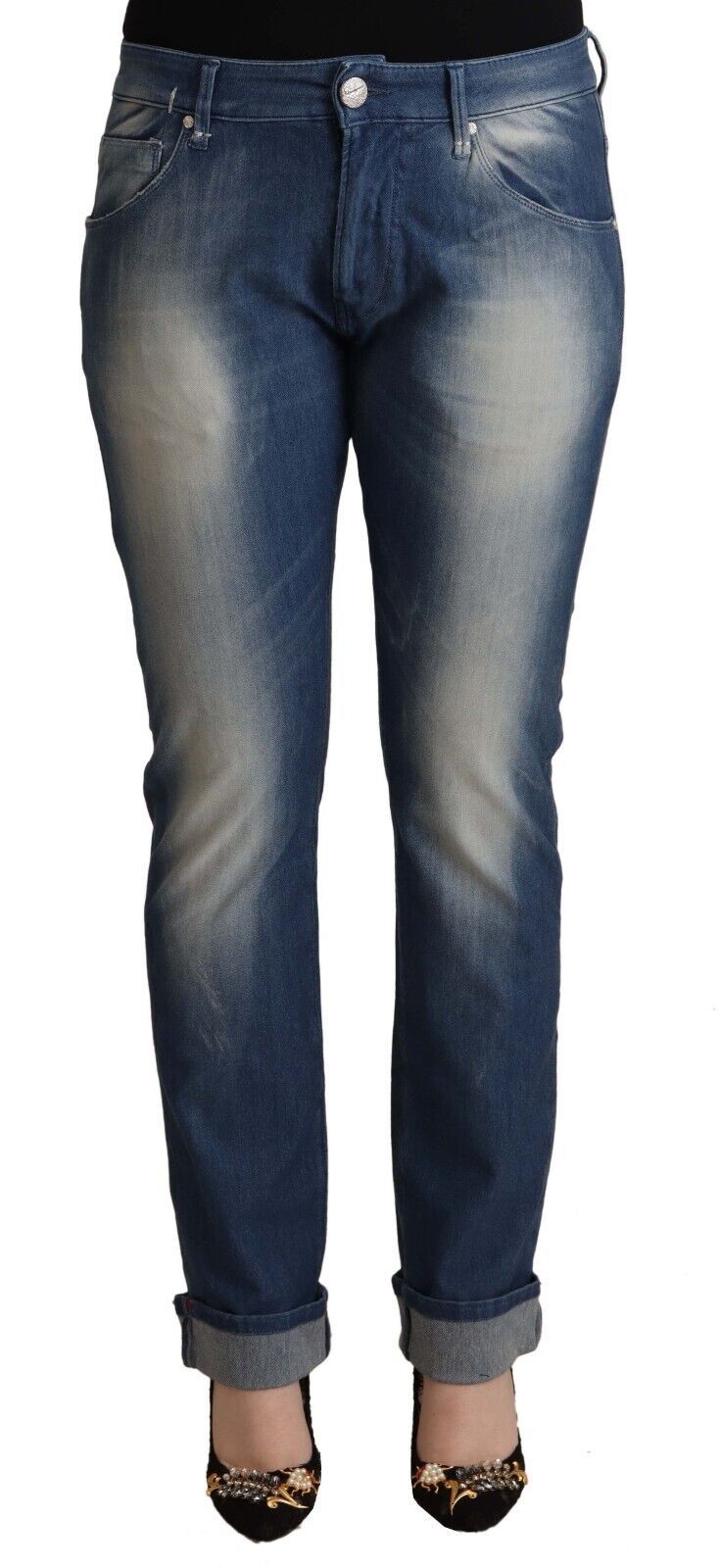 Eight Blue Washed Mid Waist Folded Hem Skinny Jeans