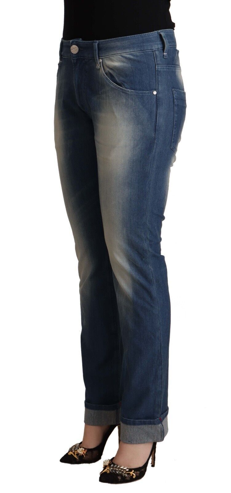 Eight Blue Washed Mid Waist Folded Hem Skinny Jeans