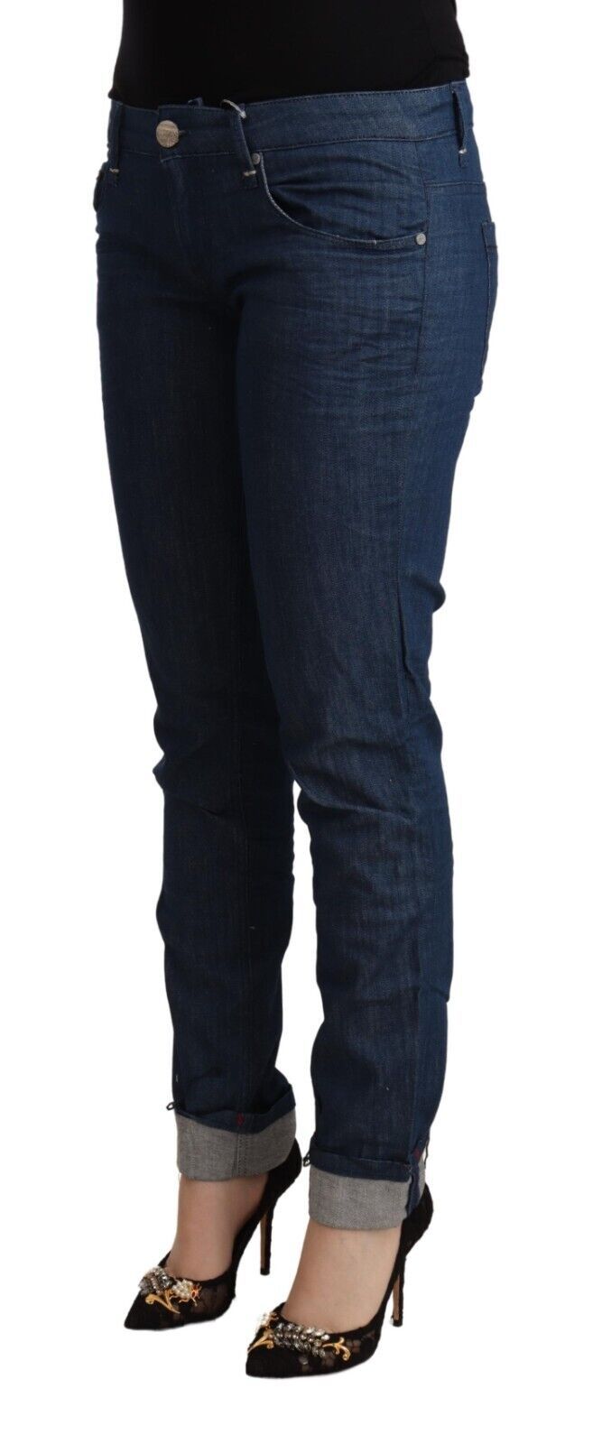 Eight Blue Cotton Low Waist Skinny Denim Folded Hem Jeans